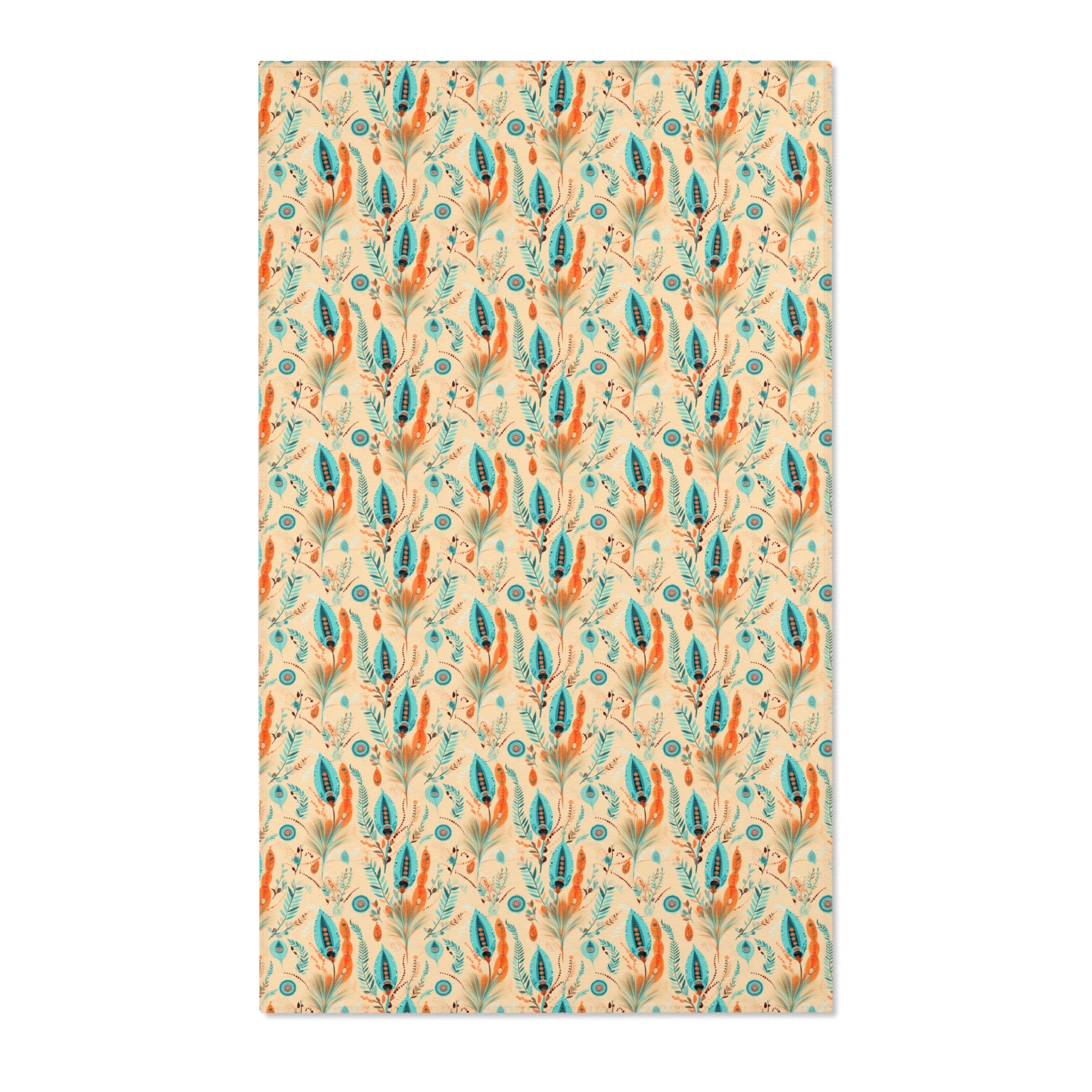 Sol y Alegría (Sun and Joy) Collection- Boho Feather Pattern Area Rug — Turquoise & Coral Accent Rug - Creations by Chris and Carlos