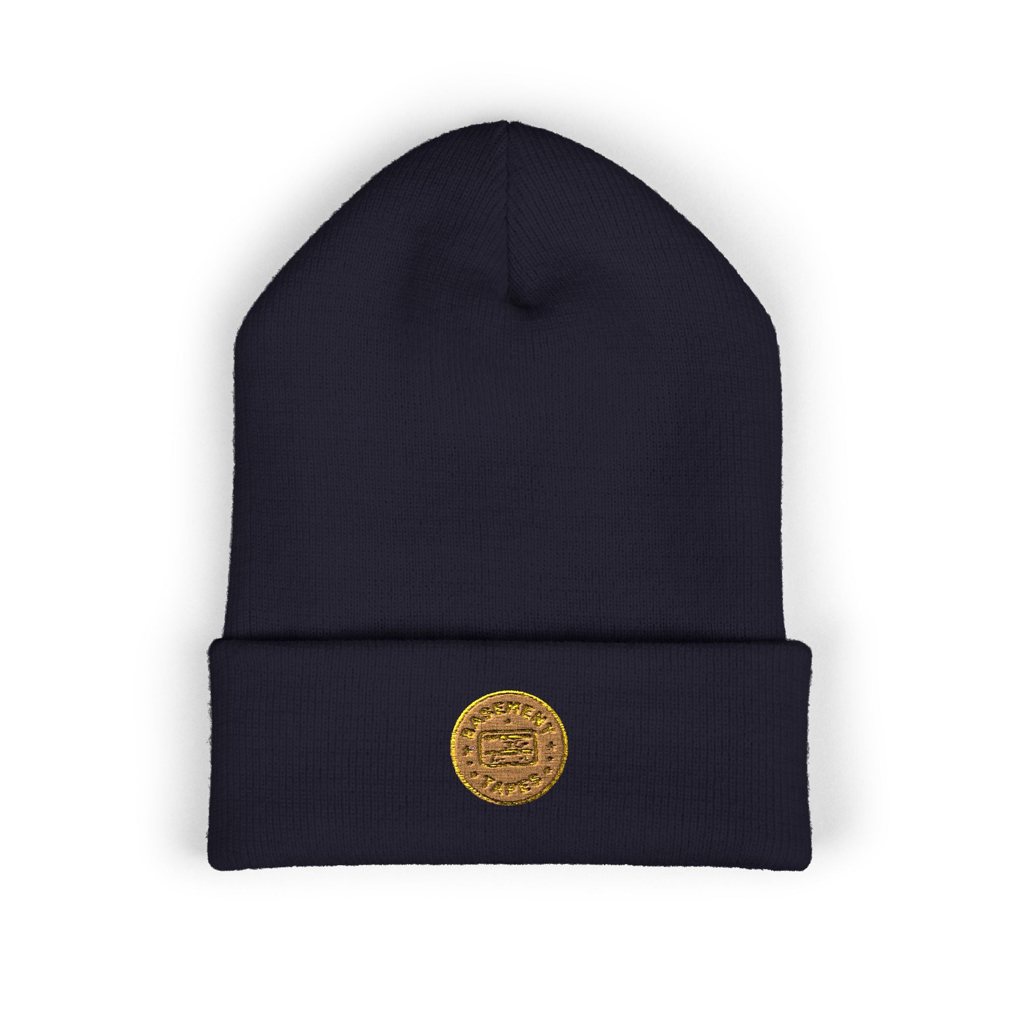 Embroidered Gold Coin Cuffed Beanie — Classic Knit Winter Hat - Creations by Chris and Carlos