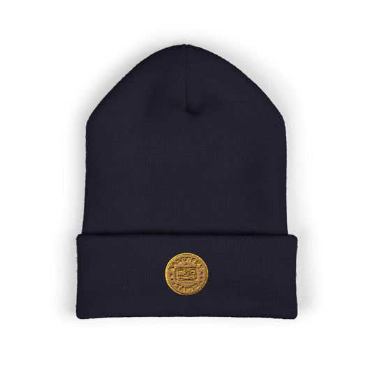 Embroidered Gold Coin Cuffed Beanie — Classic Knit Winter Hat - Creations by Chris and Carlos