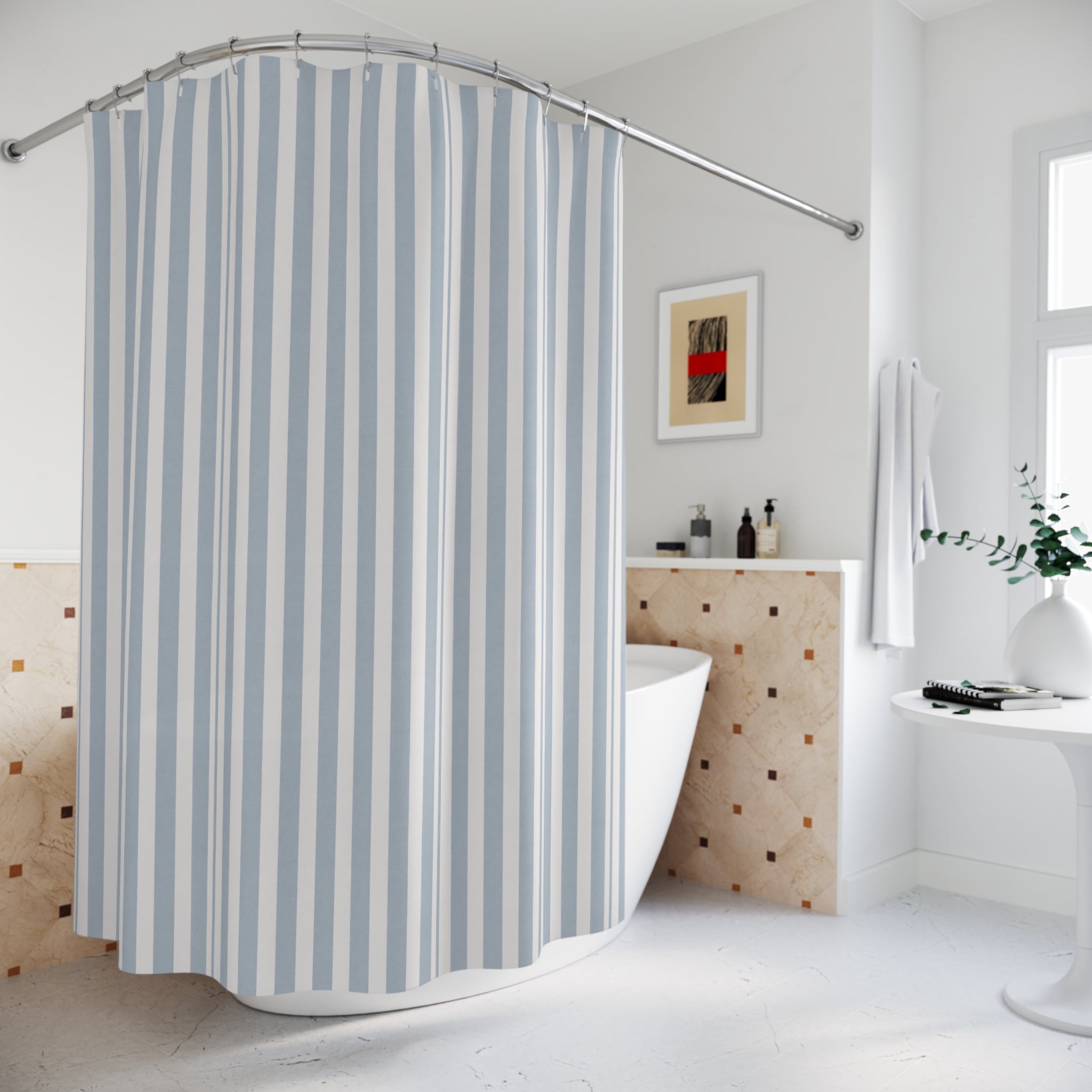 Blue & White Vertical Stripe Shower Curtain — Coastal Bathroom Curtain - Creations by Chris and Carlos