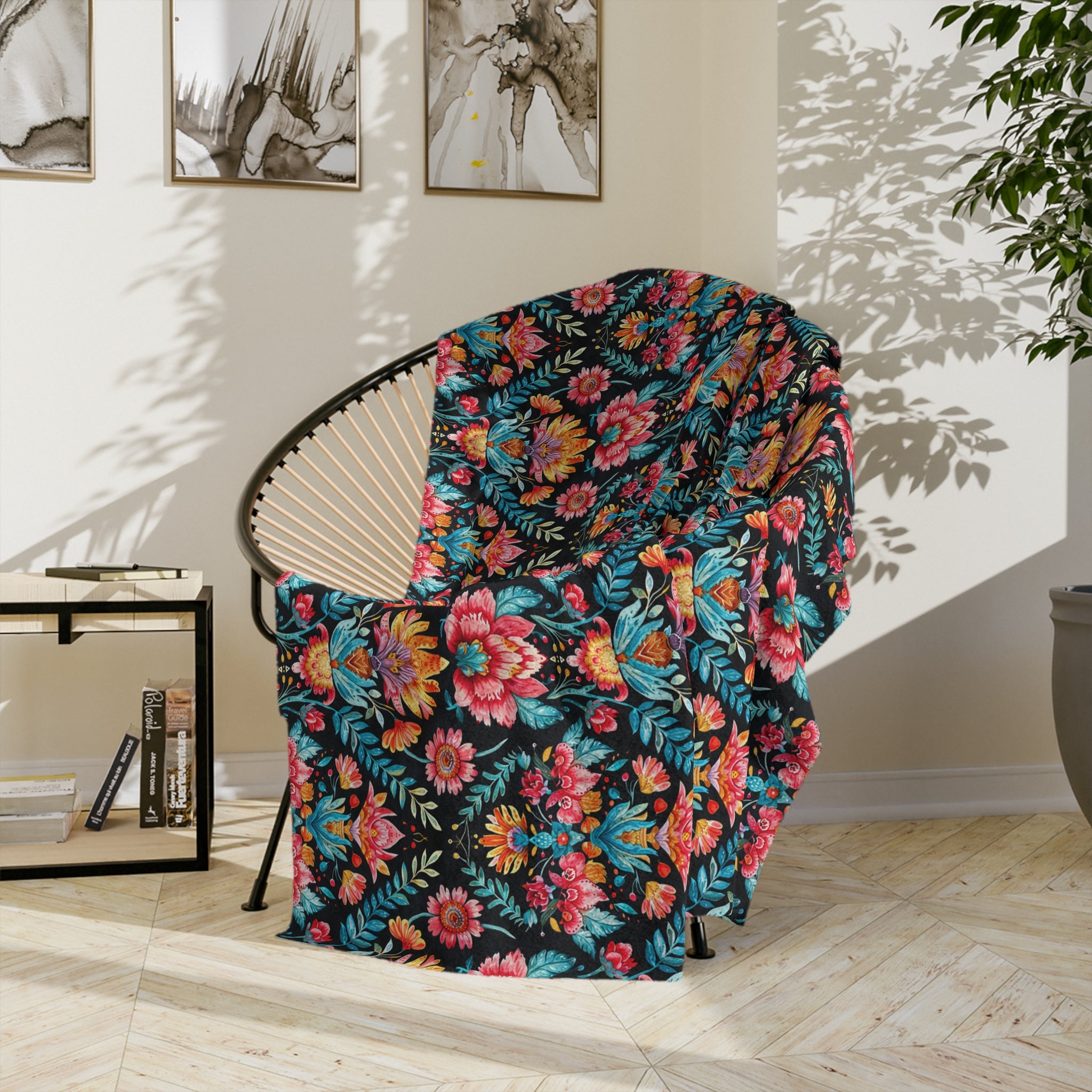 Sol y Alegría (Sun and Joy) Collection- Floral Velvet Microfiber Blanket Boho Botanical Pattern, Cozy Throw for Living Room & Bedroom - Creations by Chris and Carlos