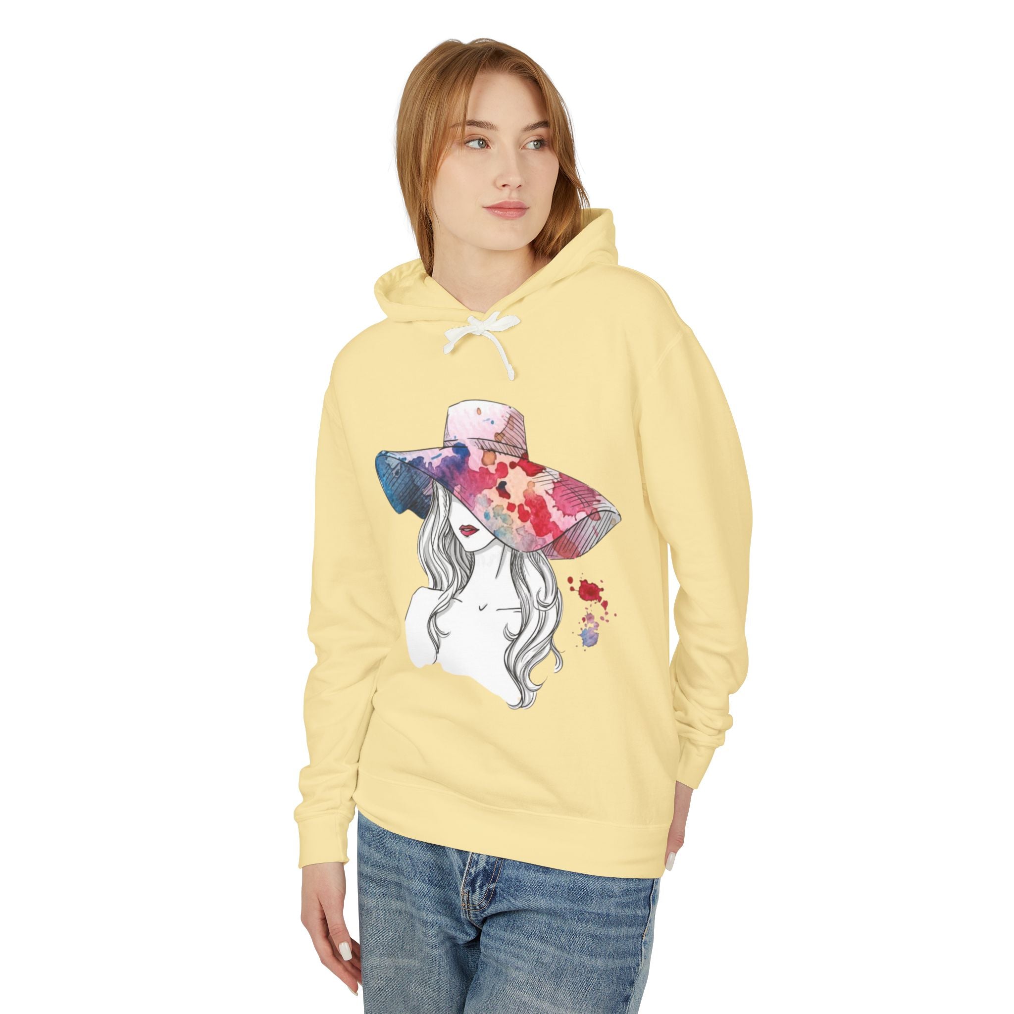 Watercolor Hat Lady Hoodie — Floral Sunhat Portrait Pullover - Creations by Chris and Carlos