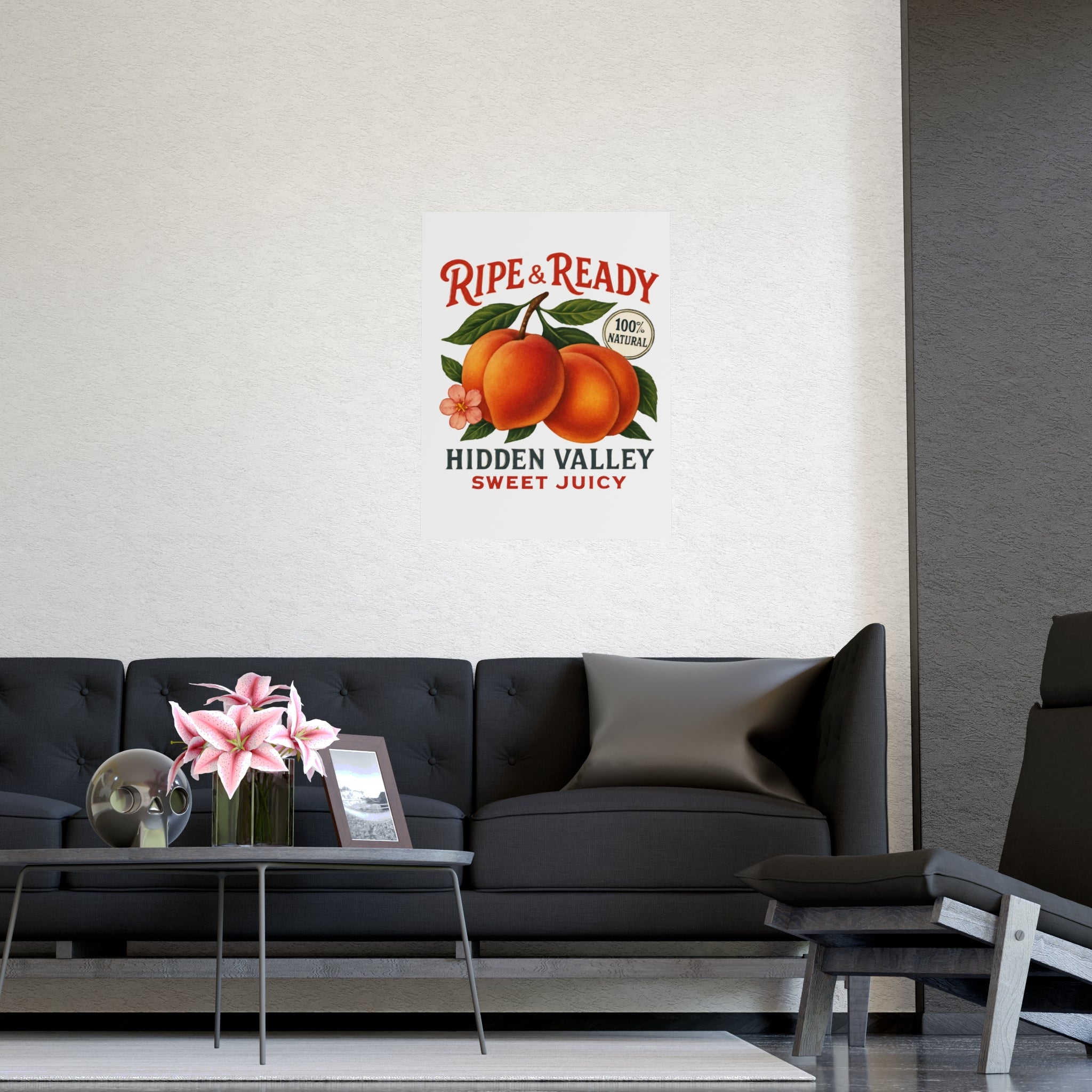 Ripe & Ready Peach Poster — Vintage Fruit Kitchen Wall Art (Hidden Valley, Sweet Juicy) - Creations by Chris and Carlos