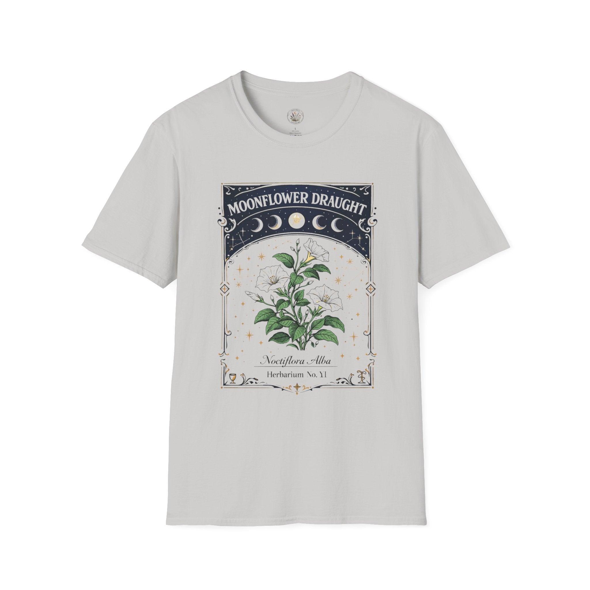 Old Soul Apothecary Moonflower Draught T‑Shirt — Botanical Moon Phase Graphic Tee - Creations by Chris and Carlos