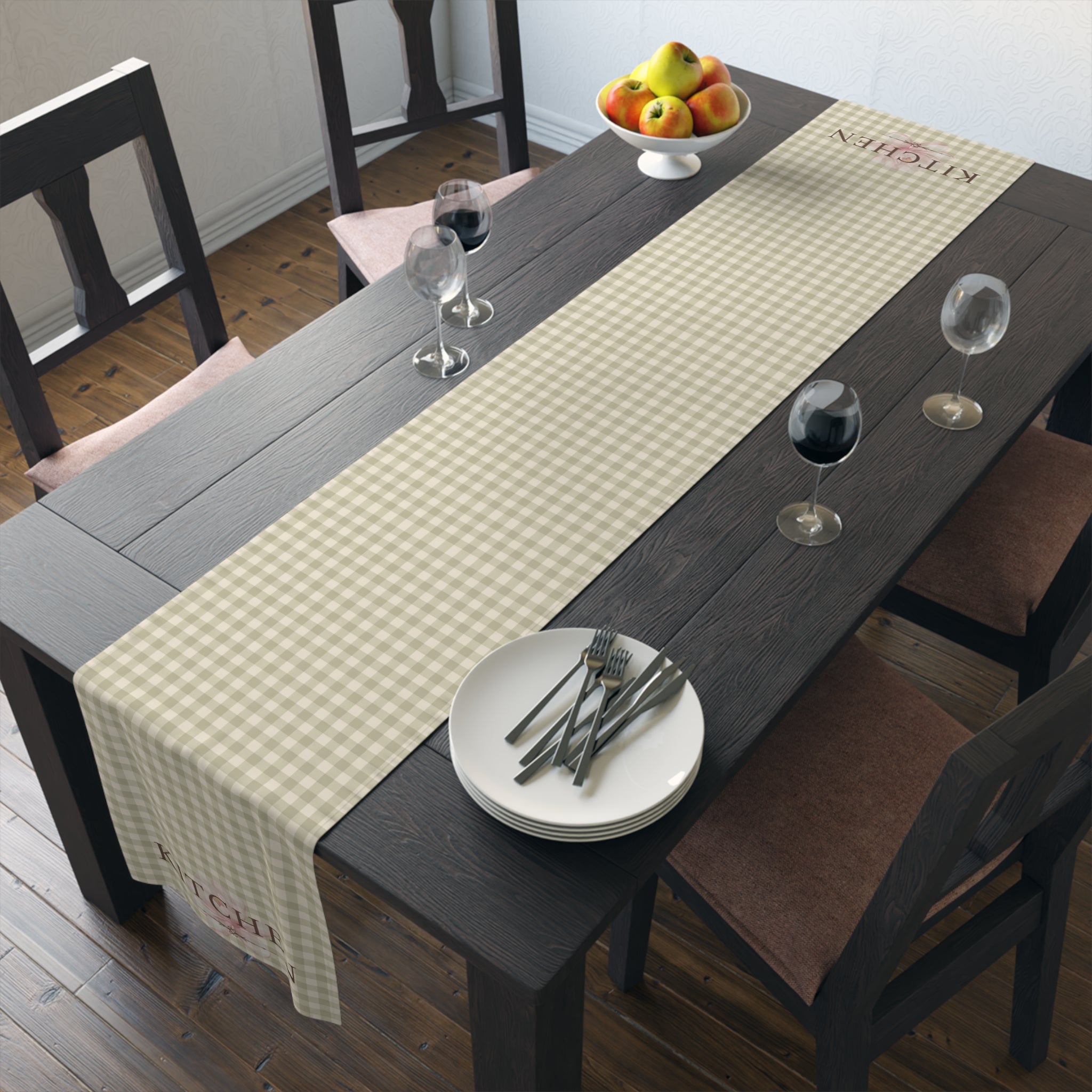 Farmhouse Gingham Table Runner — "Kitchen" Cotton-Blend Decor - Creations by Chris and Carlos