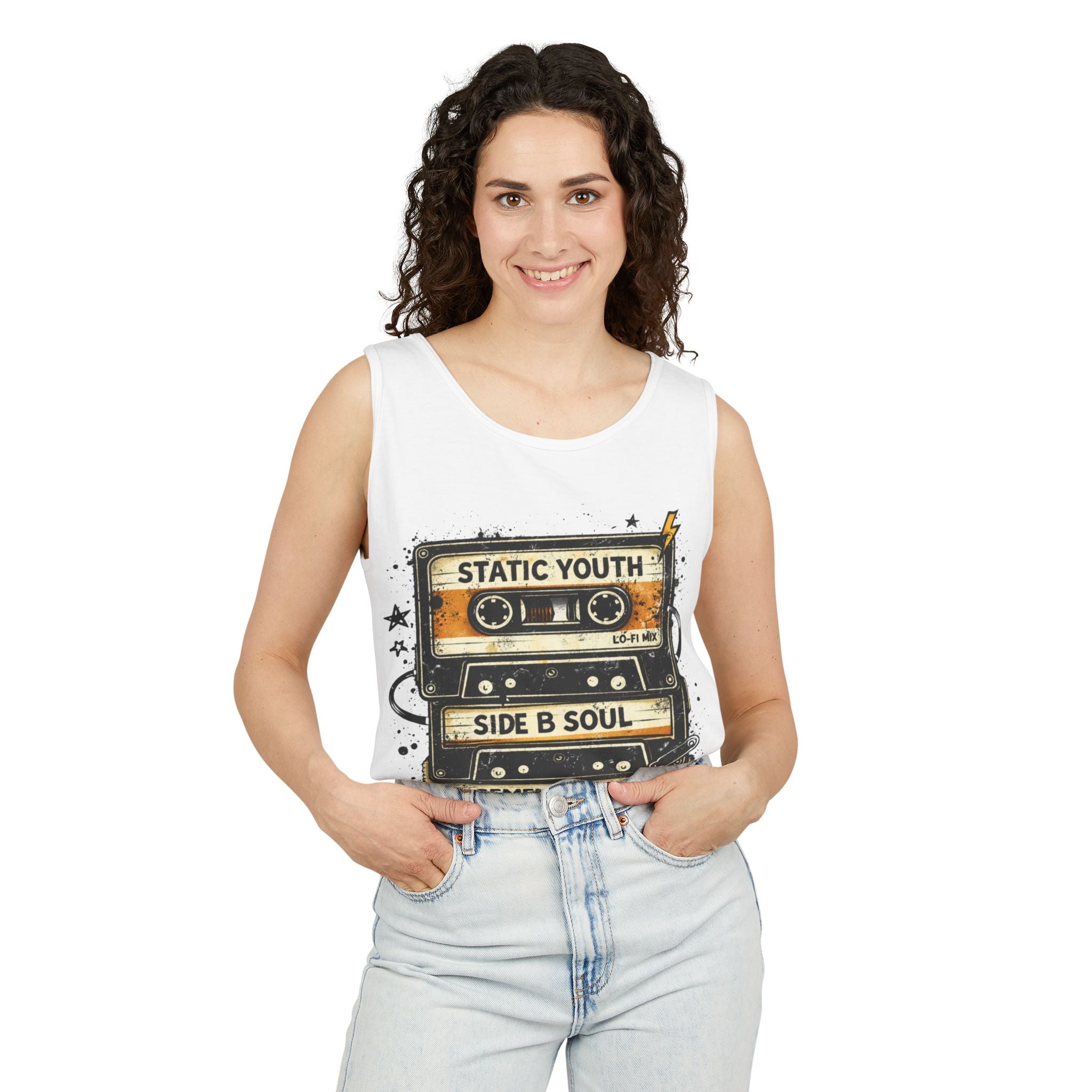 Cassette Tape Tank Top — "Static Youth / Side B Soul" Retro Music Vintage Tank - Creations by Chris and Carlos
