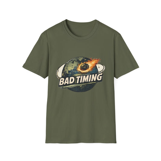 Bad Timing Graphic T-Shirt — Retro Meteor Earth Design - Creations by Chris and Carlos