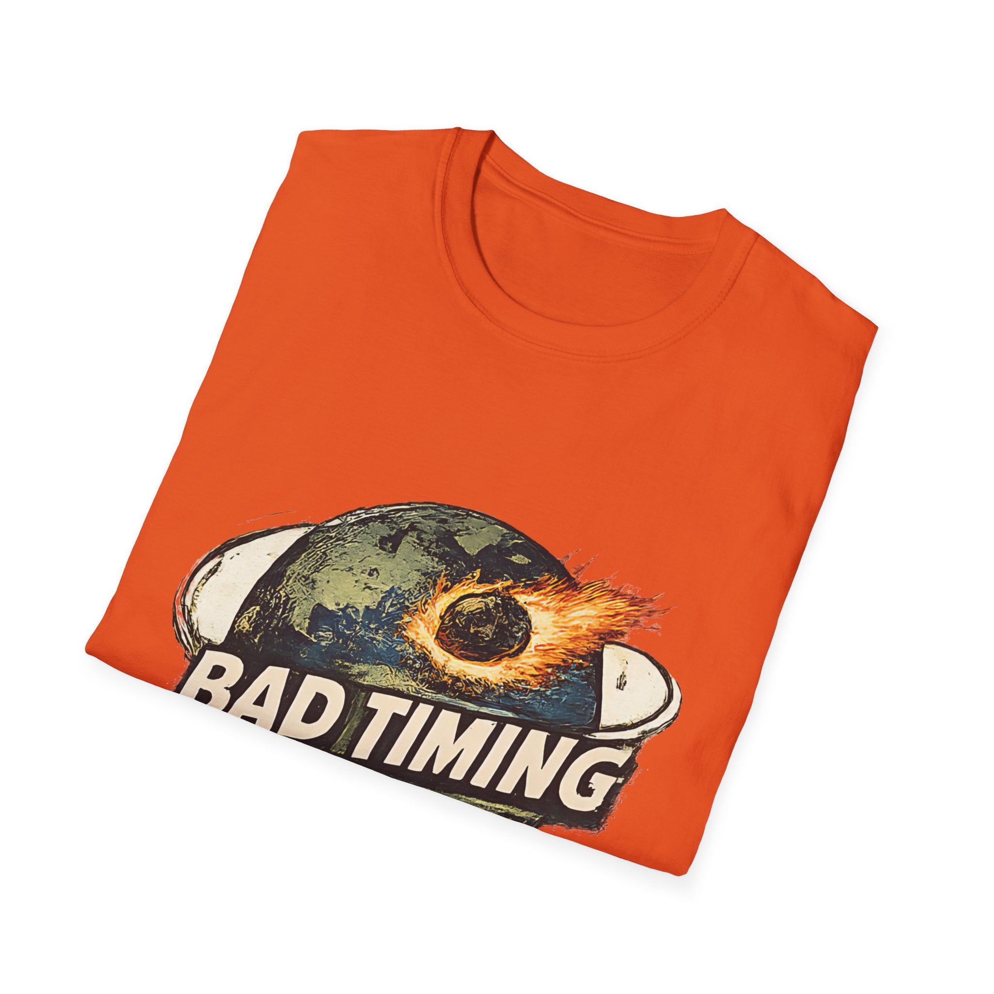 Bad Timing Graphic T-Shirt — Retro Meteor Earth Design - Creations by Chris and Carlos