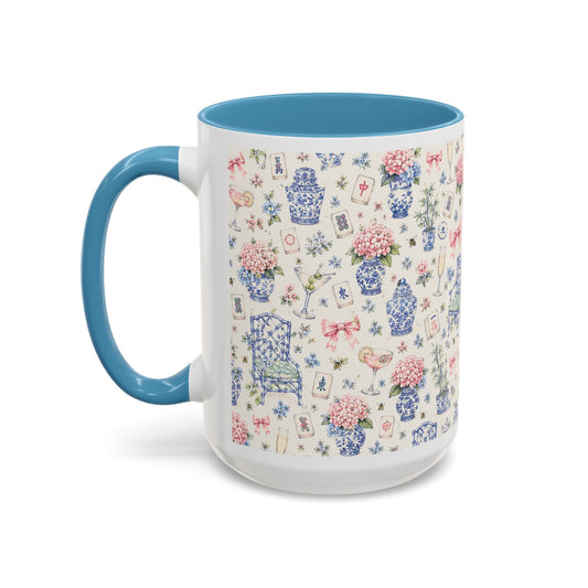 Floral Blue Chinoiserie Accent Coffee Mug — Pink Interior 11/15oz - Creations by Chris and Carlos