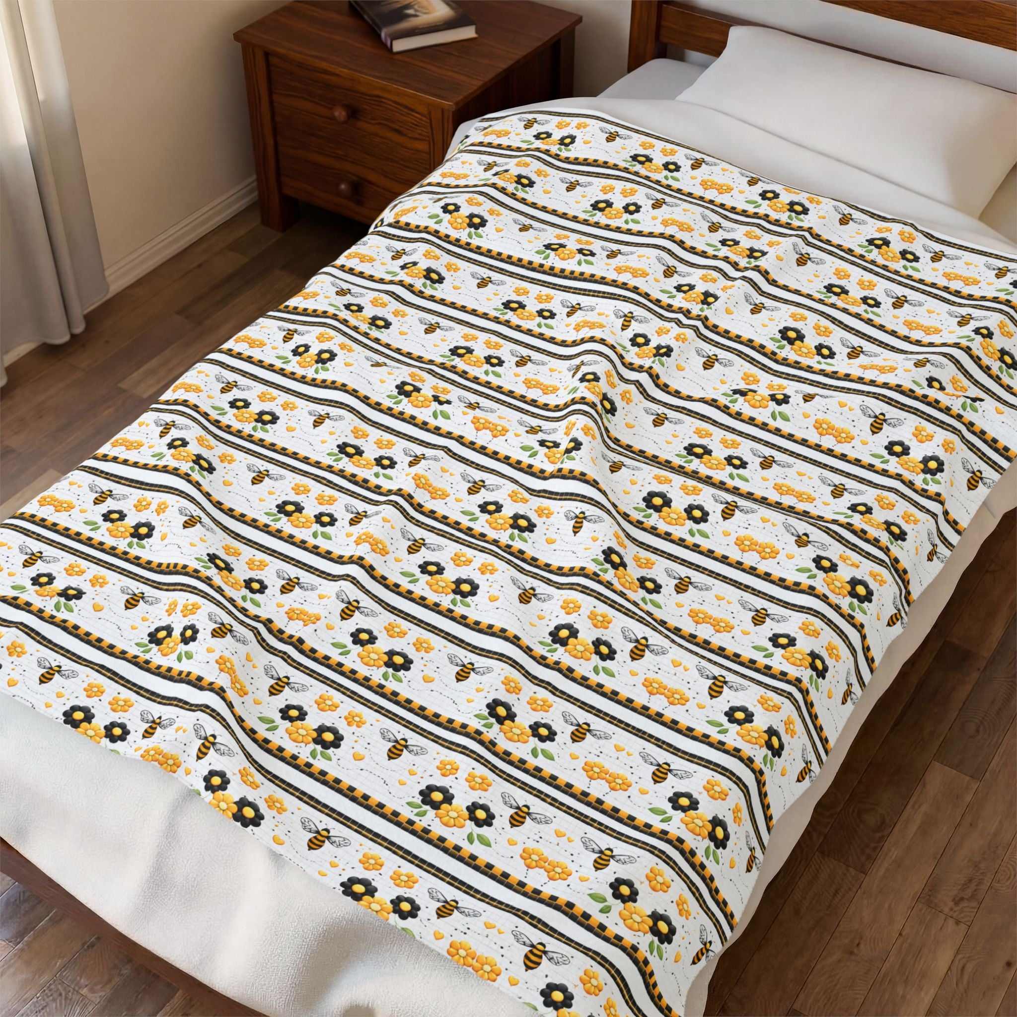 Bee & Sunflower Velveteen Plush Blanket — Cozy Floral Throw for Spring, Garden Lovers & Gift Giving - Creations by Chris and Carlos
