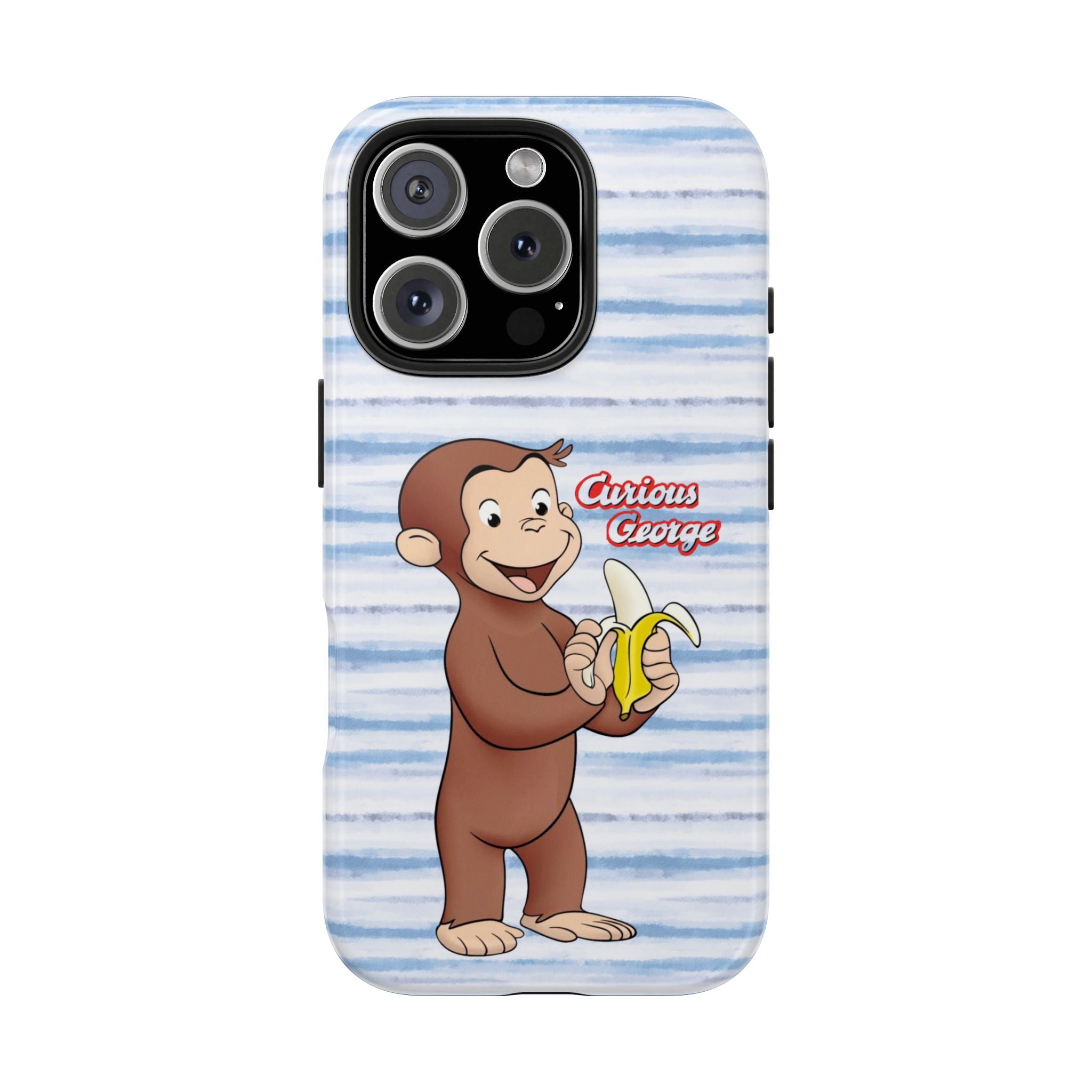 Curious George Banana Tough Phone Case — Cute Kids iPhone Cover, Blue Stripe Protective Case - Creations by Chris and Carlos