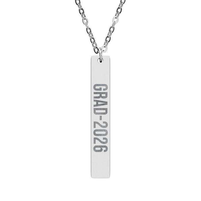 Engraved Vertical Bar Necklace – 'GRAD 2026' Personalized Graduation Pendant