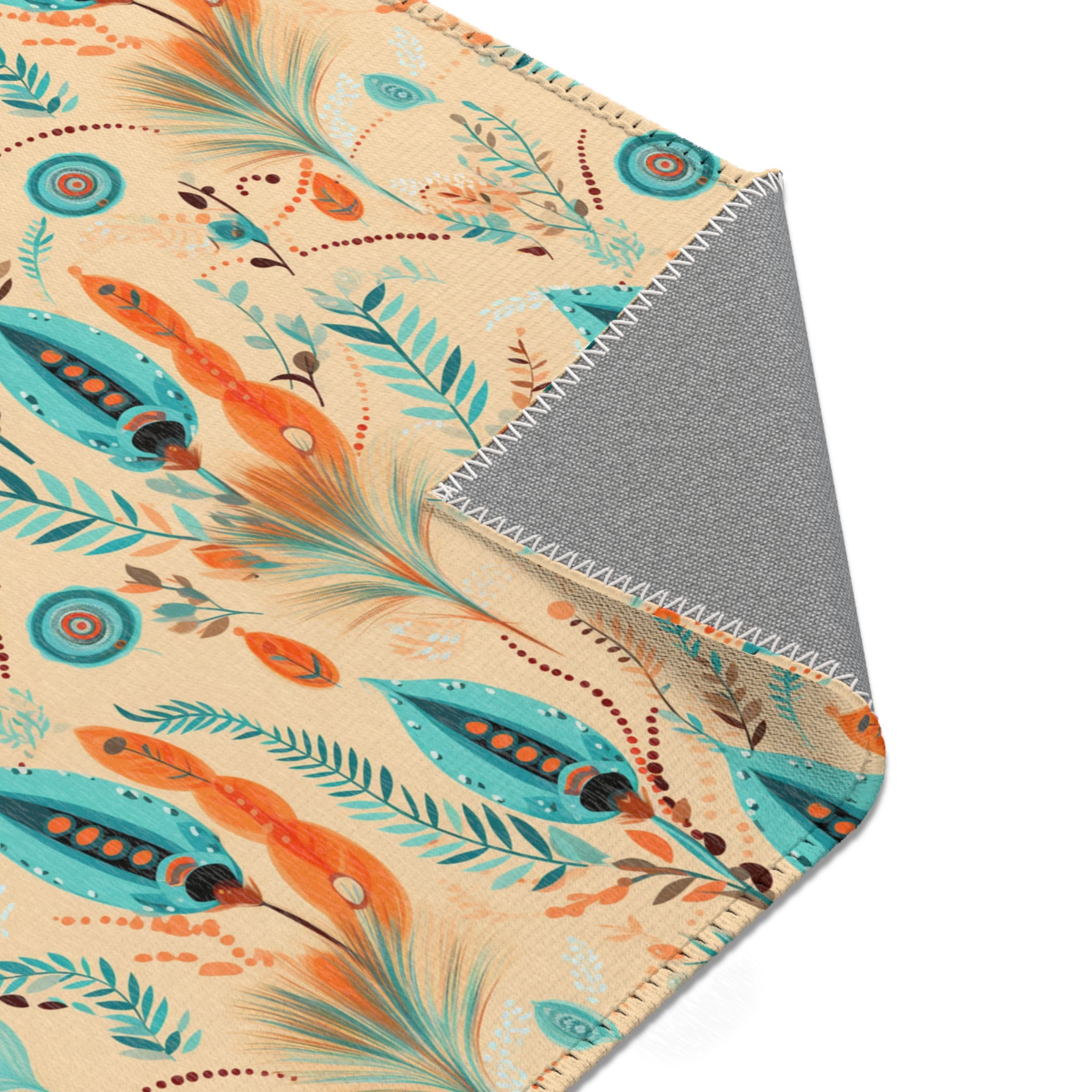 Sol y Alegría (Sun and Joy) Collection- Boho Feather Pattern Area Rug — Turquoise & Coral Accent Rug - Creations by Chris and Carlos