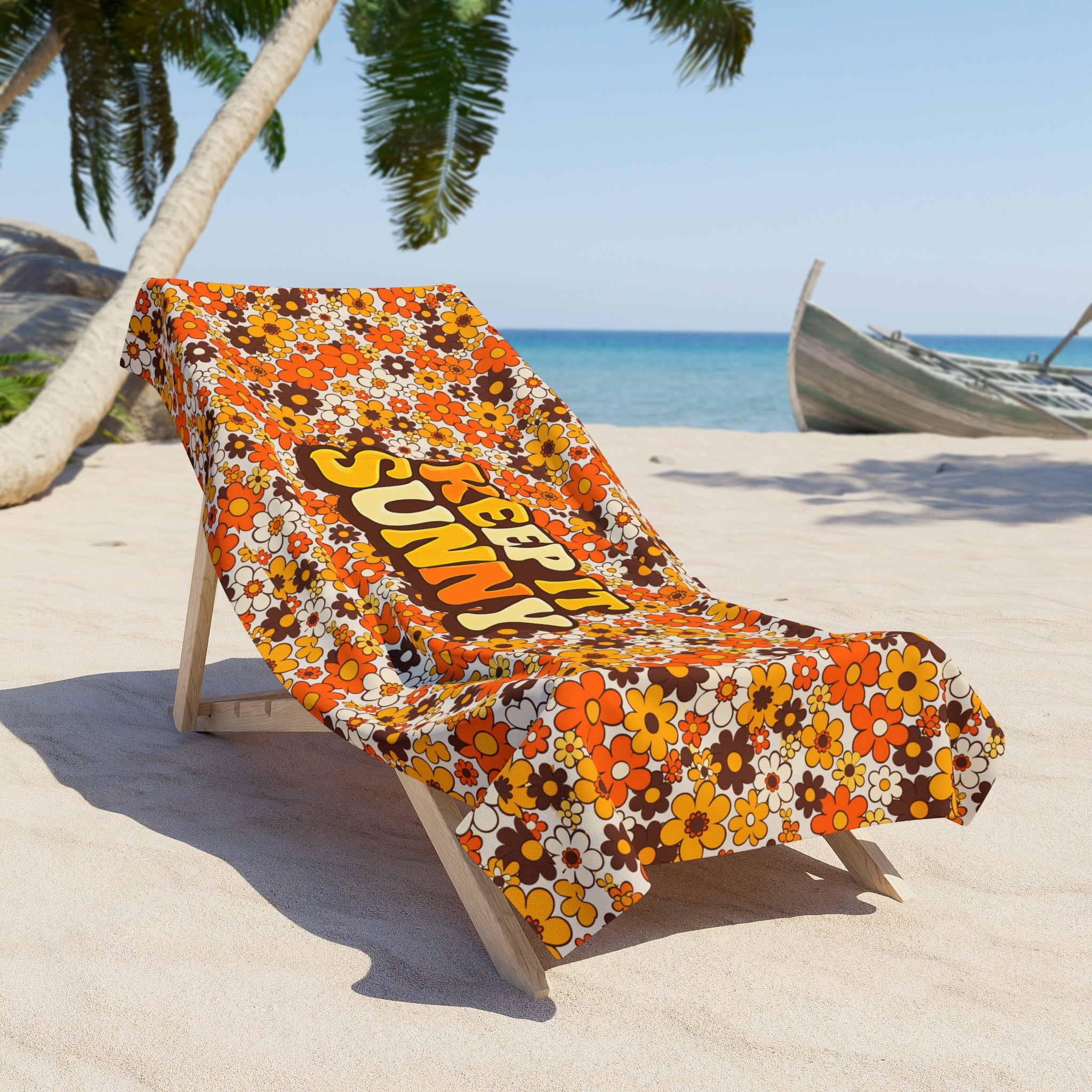 Keep It Sunny Floral Beach Towel — Retro 70s Orange Daisy Pattern - Creations by Chris and Carlos