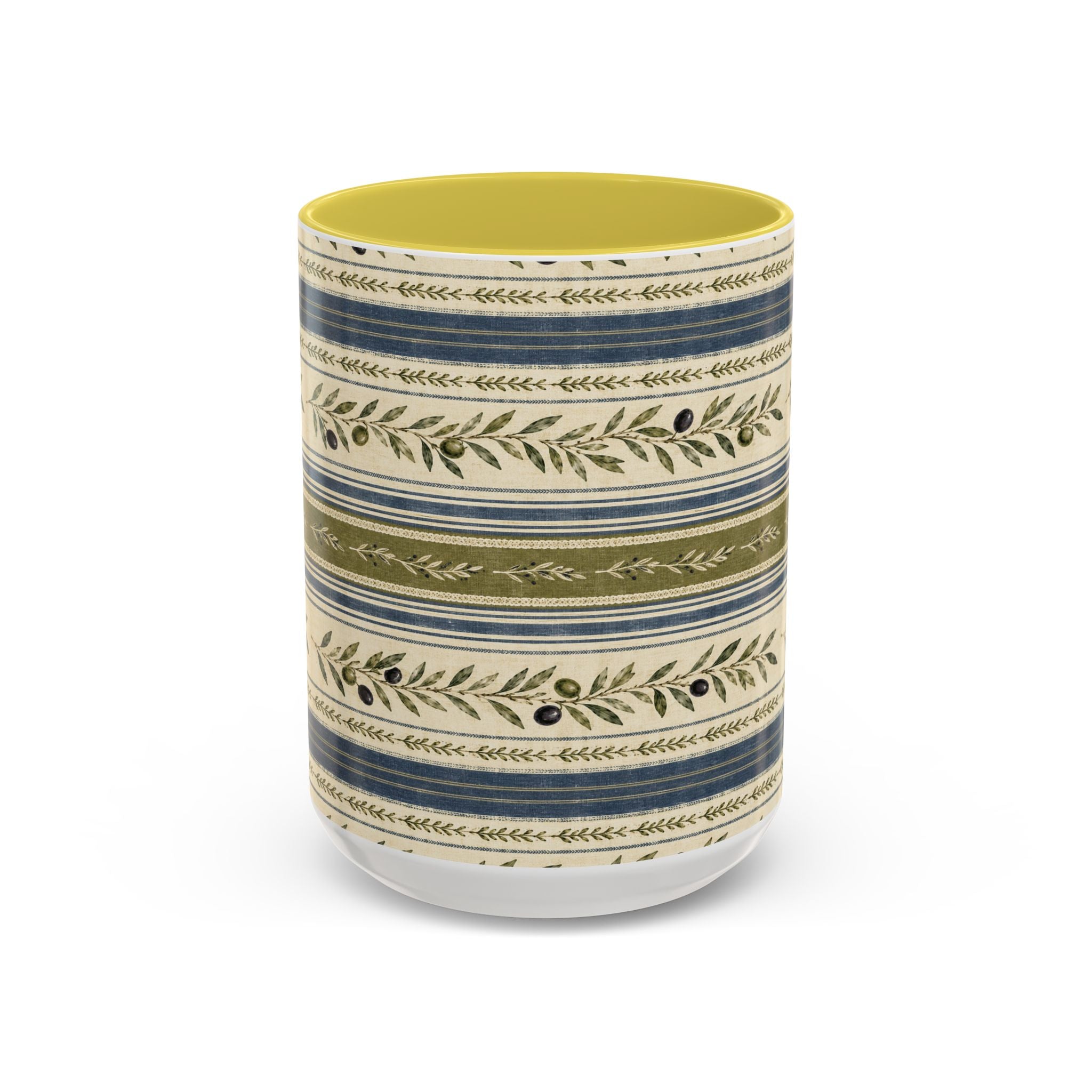 Botanical Stripe Ceramic Mug — Olive & Navy Patterned Coffee Cup (11oz/15oz) - Creations by Chris and Carlos