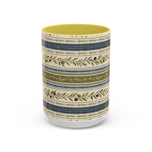 Botanical Stripe Ceramic Mug — Olive & Navy Patterned Coffee Cup (11oz/15oz) - Creations by Chris and Carlos