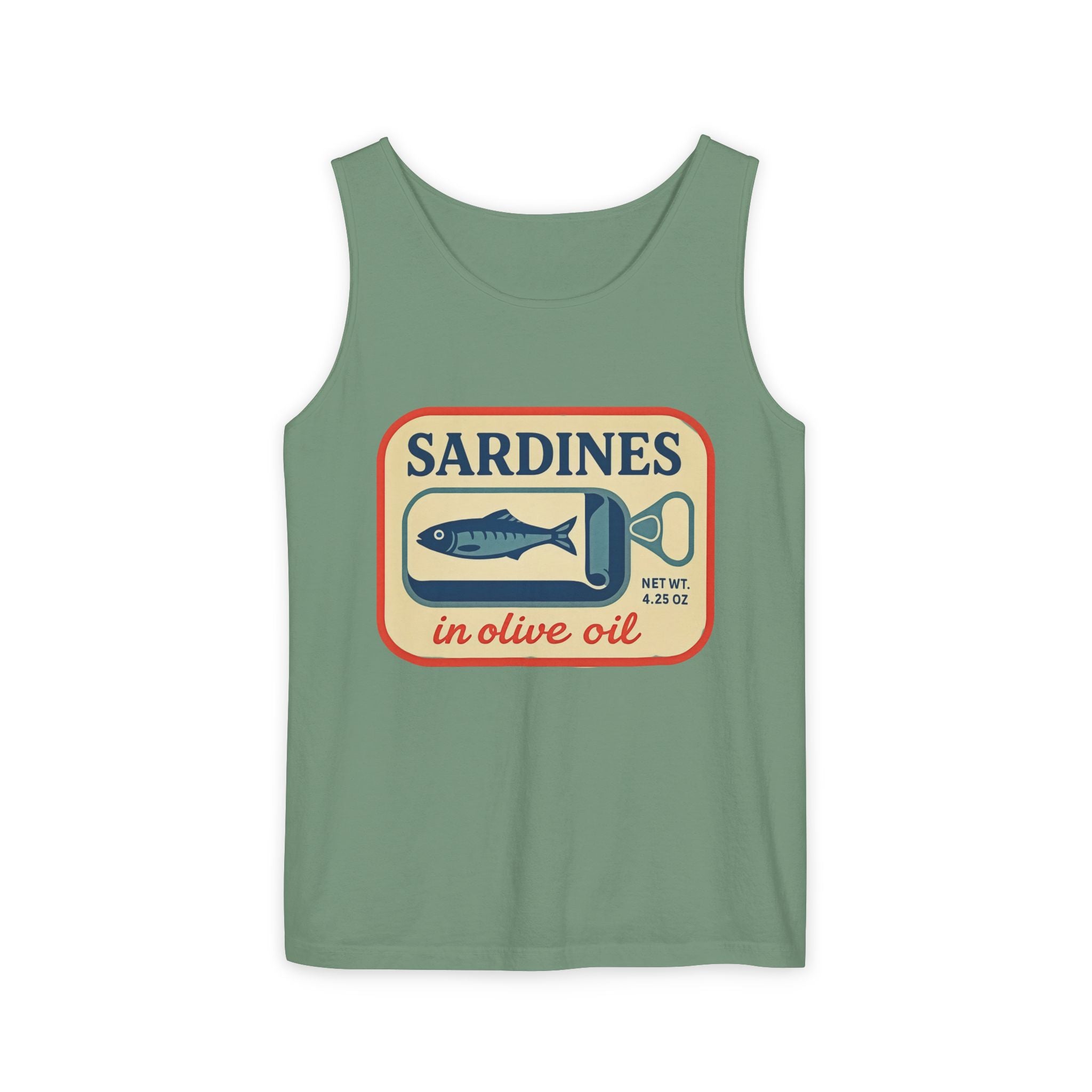 Sardines in Olive Oil Tank Top — Retro Seafood Can Graphic - Creations by Chris and Carlos
