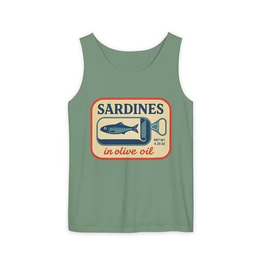 Sardines in Olive Oil Tank Top — Retro Seafood Can Graphic - Creations by Chris and Carlos