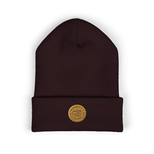 Embroidered Gold Coin Cuffed Beanie — Classic Knit Winter Hat - Creations by Chris and Carlos