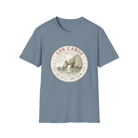 Los Cabos Arch Vintage Graphic T-Shirt — Beach Souvenir Tee with Coordinates - Creations by Chris and Carlos