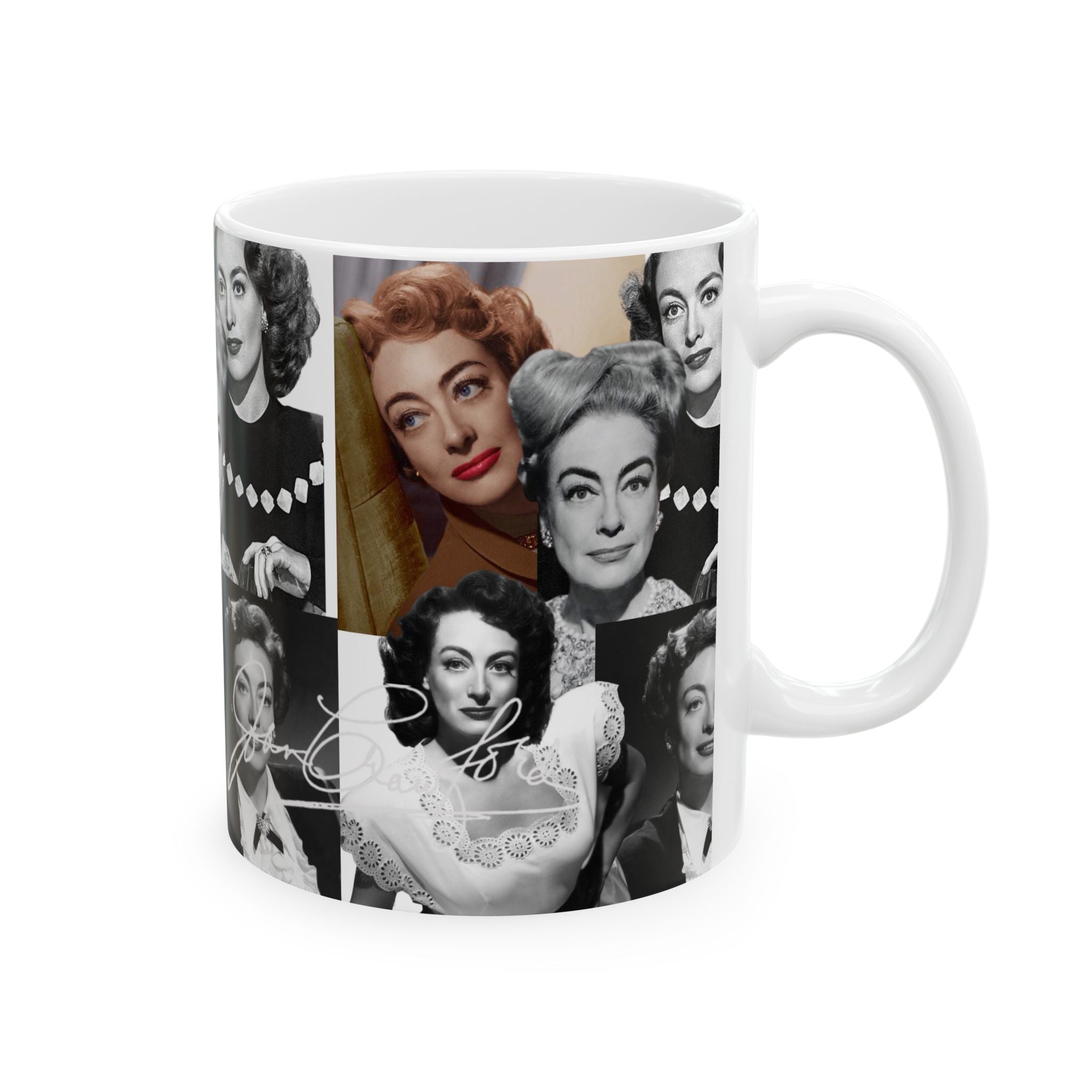 Retro Hollywood Actress Joan Crawford Collage Mug — Vintage Glamour Ceramic Coffee Cup (11oz/15oz) - Creations by Chris and Carlos