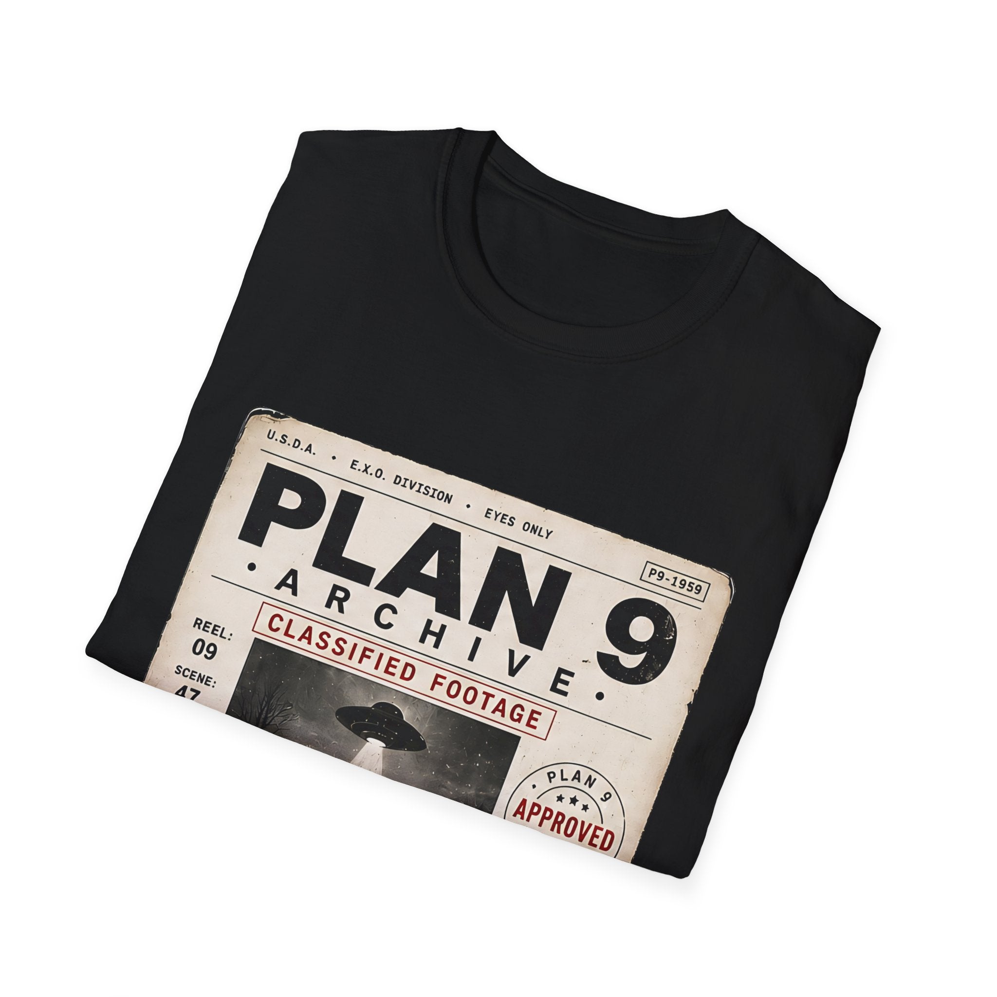 Plan 9 Archive UFO T-Shirt — Retro 'Classified Footage' Alien Badge Tee - Creations by Chris and Carlos