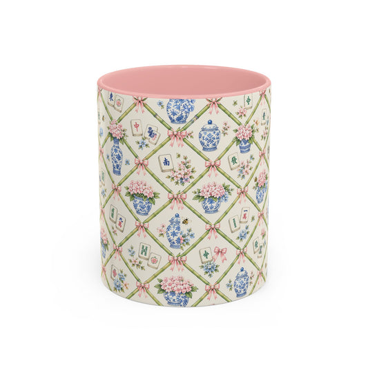 Floral Mahjong Accent Coffee Mug – Pink Interior & Handle, Vintage Chinoiserie Pattern - Creations by Chris and Carlos