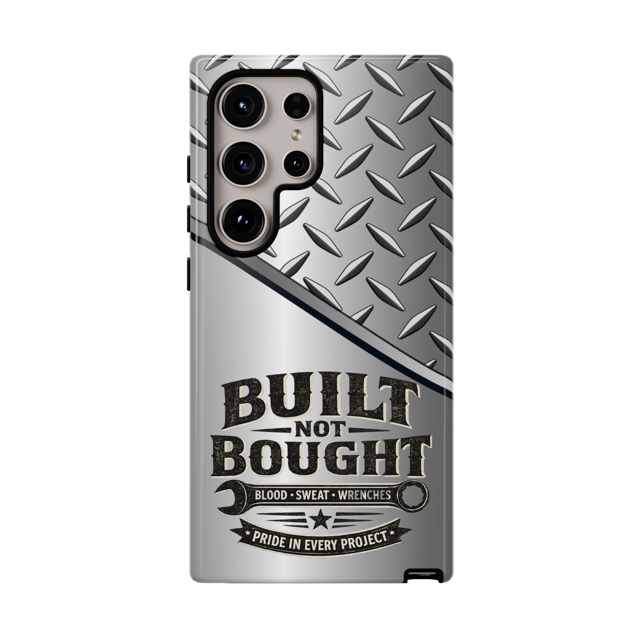 Built Not Bought Metal Diamond-Plate Phone Case — Rugged Tool Lover Gift - Creations by Chris and Carlos