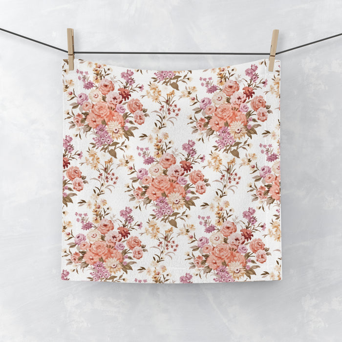 English Ivy & Rose Floral Rose Bouquet Face Towel — Vintage Pink Floral Cotton Face Cloth