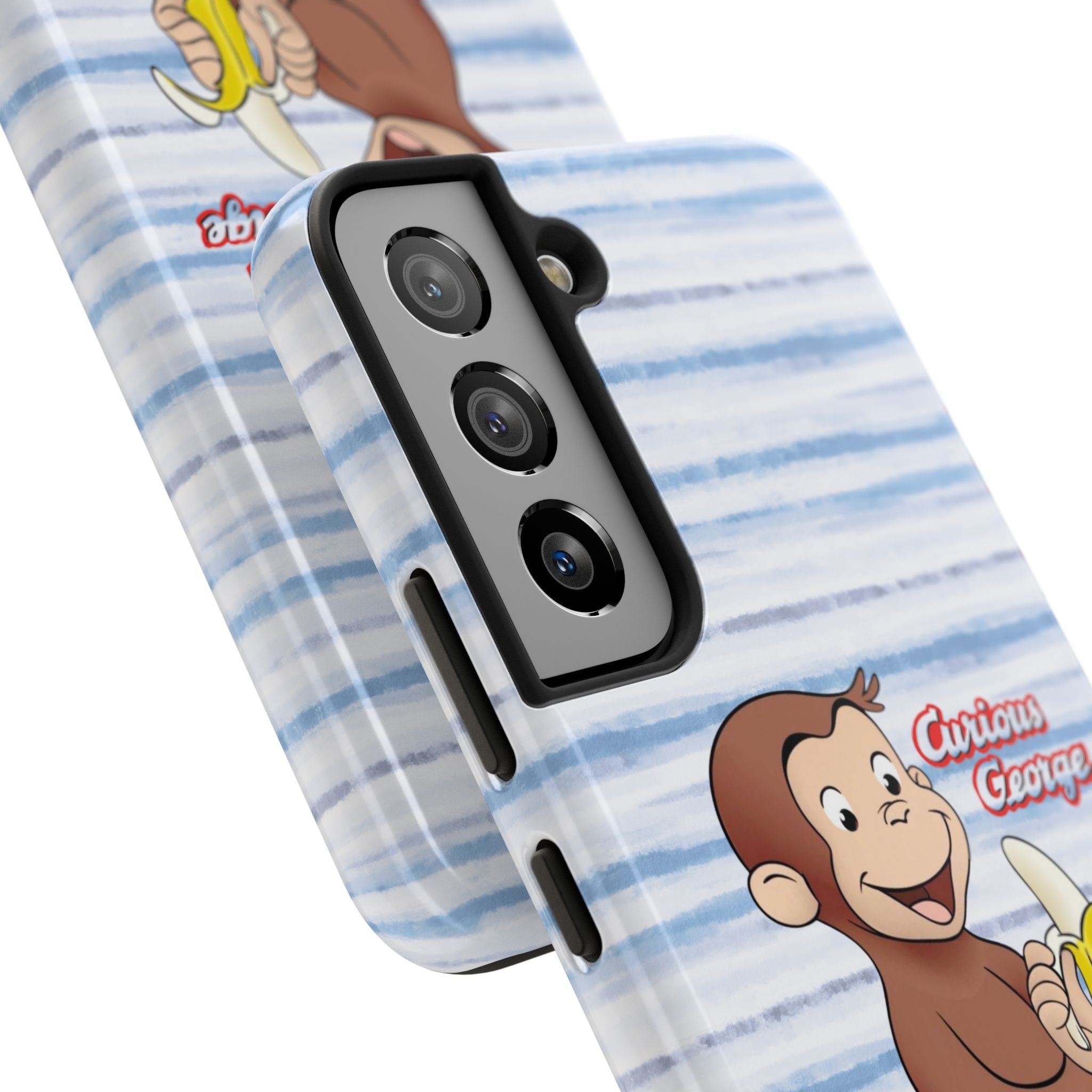 Curious George Banana Tough Phone Case — Cute Kids iPhone Cover, Blue Stripe Protective Case - Creations by Chris and Carlos
