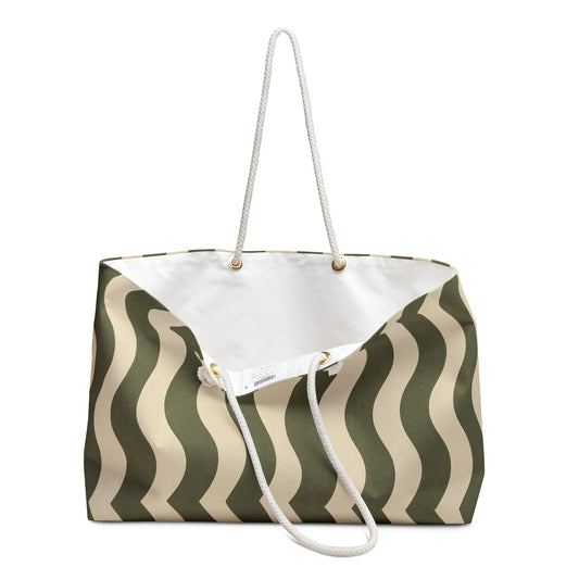 Olive Wavy Stripe Weekender Bag — Retro Beach Travel Tote - Creations by Chris and Carlos