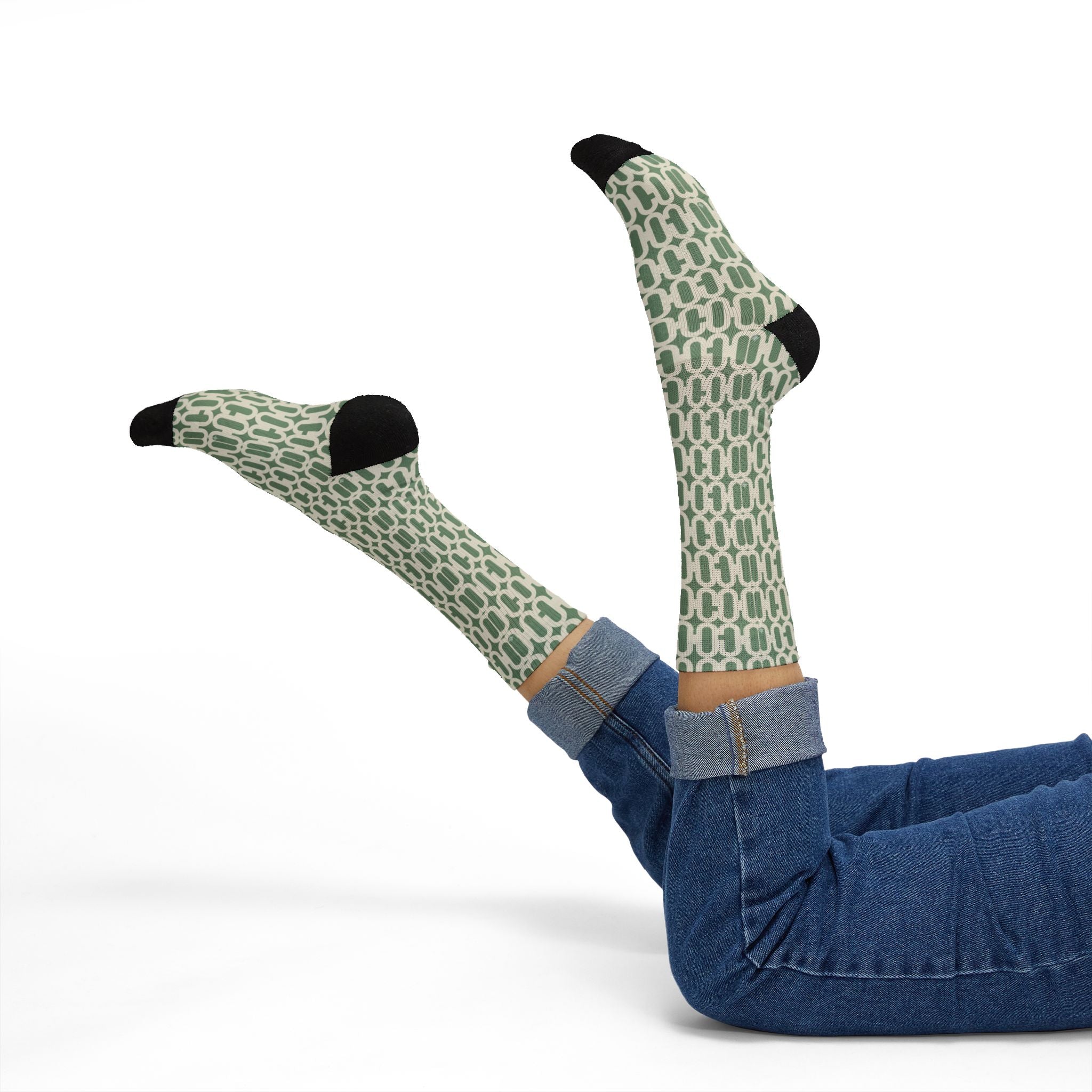 Prism Point Athletic Collection- Geometric Sage Pattern Sublimation Socks Cozy Retro Chainlink Crew Socks - Creations by Chris and Carlos