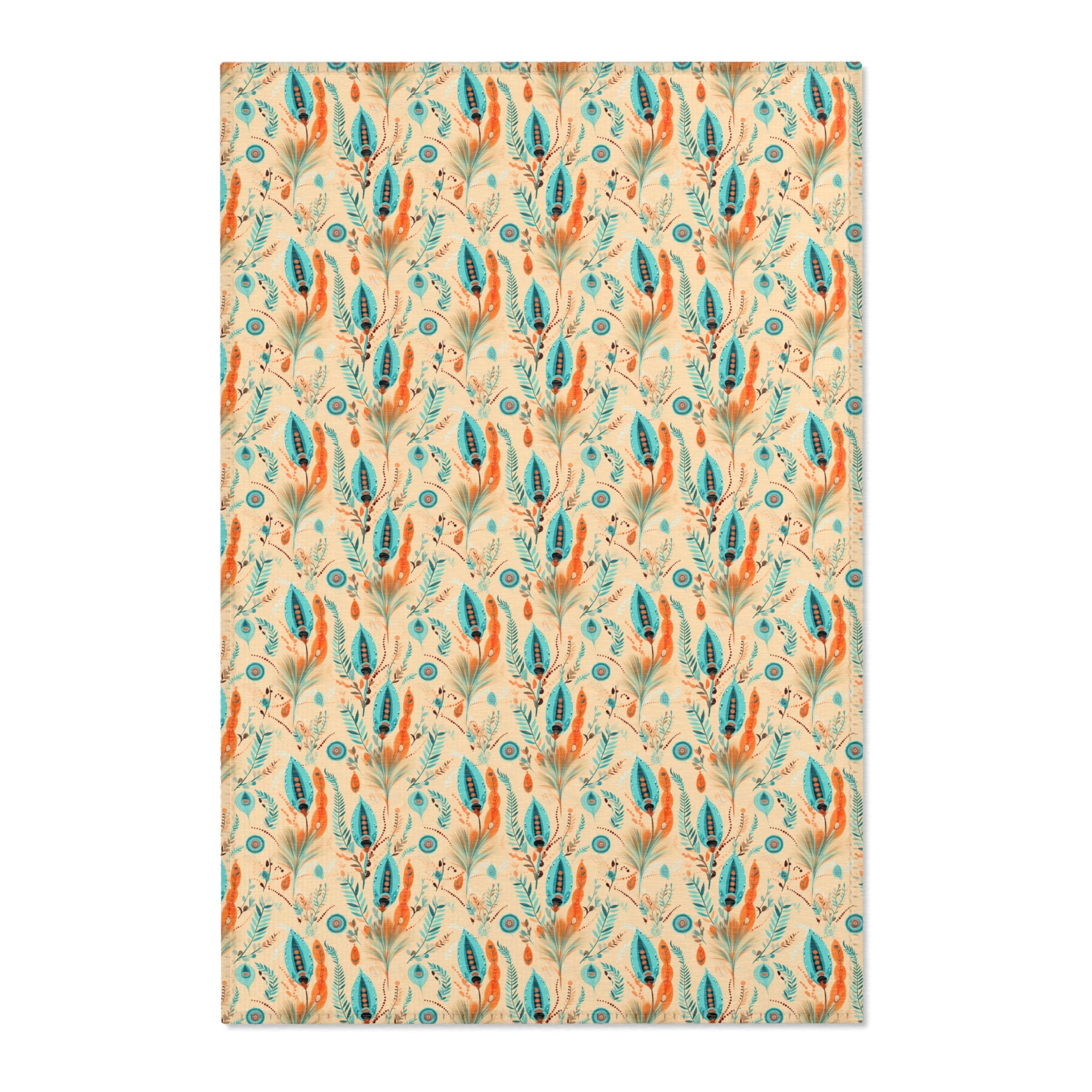 Sol y Alegría (Sun and Joy) Collection- Boho Feather Pattern Area Rug — Turquoise & Coral Accent Rug - Creations by Chris and Carlos