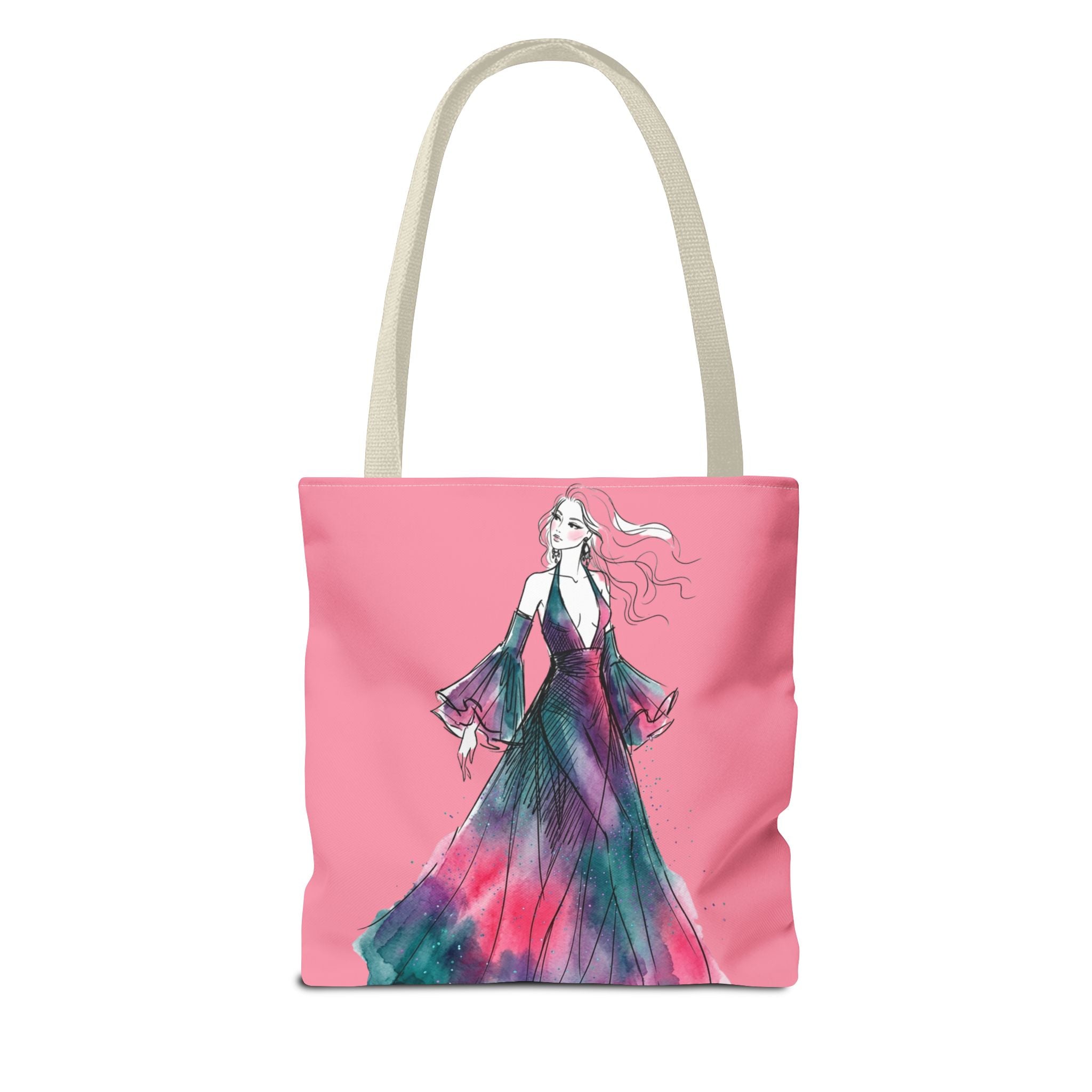 Pink Watercolor Fashion Tote Bag — Elegant Woman in Flowing Dress AOP - Creations by Chris and Carlos