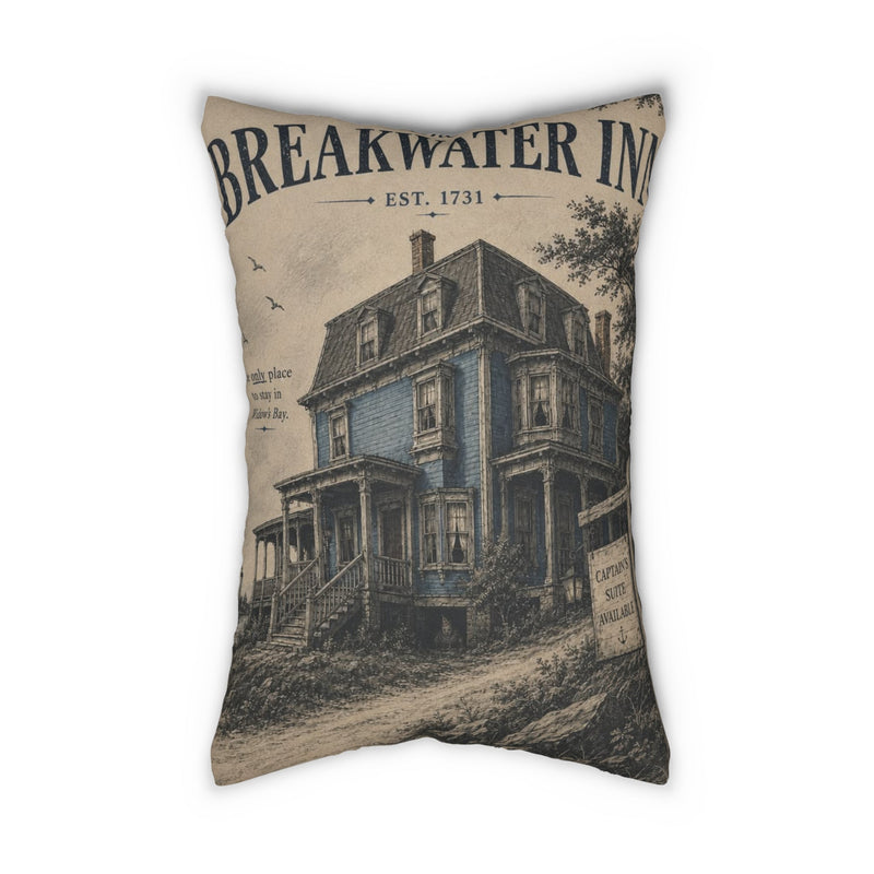 Vintage Widows Bay Beach House Lumbar Pillow — 'Breakerwater Inn' Nautical Coastal Decor