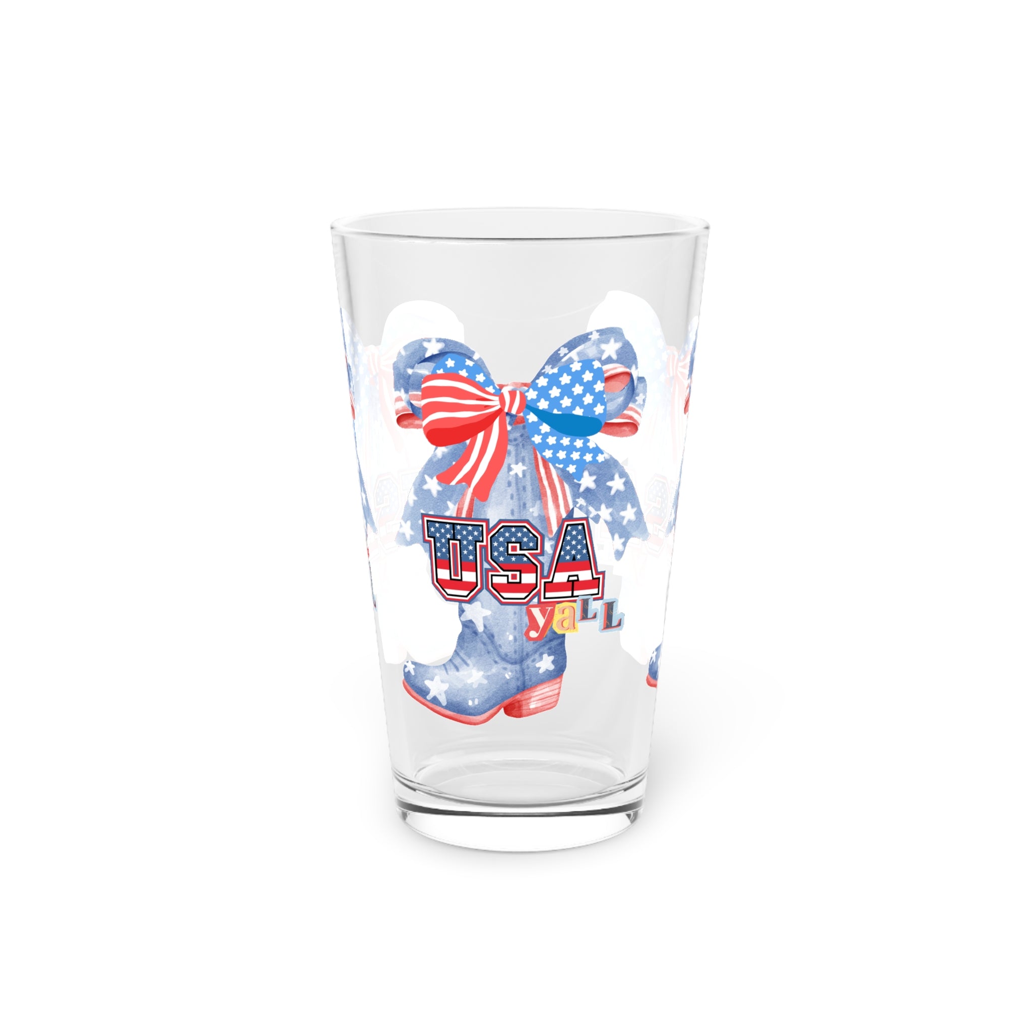 Patriotic 'USA Y'all' 16oz Pint Glass — American Flag Cowgirl Boots Design - Creations by Chris and Carlos