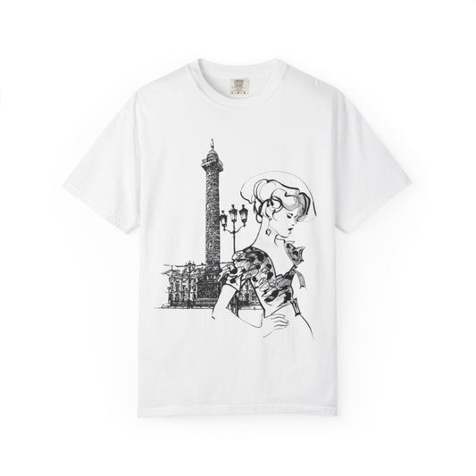 Parisian Vintage Illustration T-Shirt — Eiffel Tower & Chic Lady Tee - Creations by Chris and Carlos