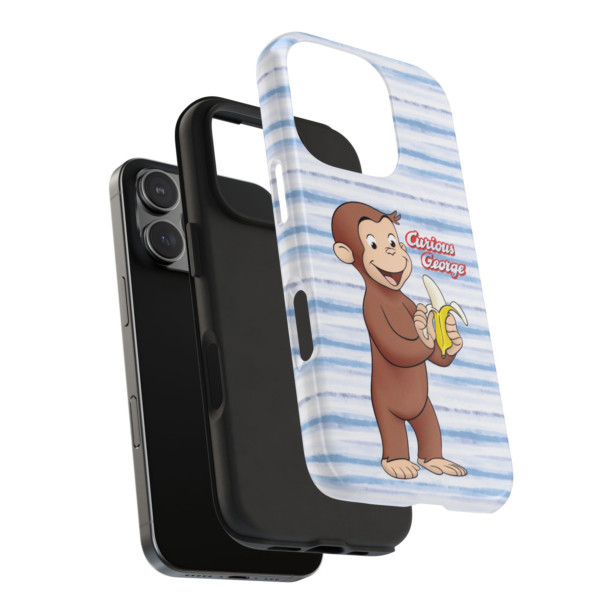 Curious George Banana Tough Phone Case — Cute Kids iPhone Cover, Blue Stripe Protective Case - Creations by Chris and Carlos