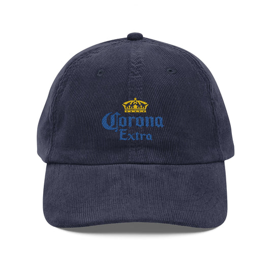 Corona Extra Embroidered Corduroy Cap — Vintage Navy Baseball Hat - Creations by Chris and Carlos