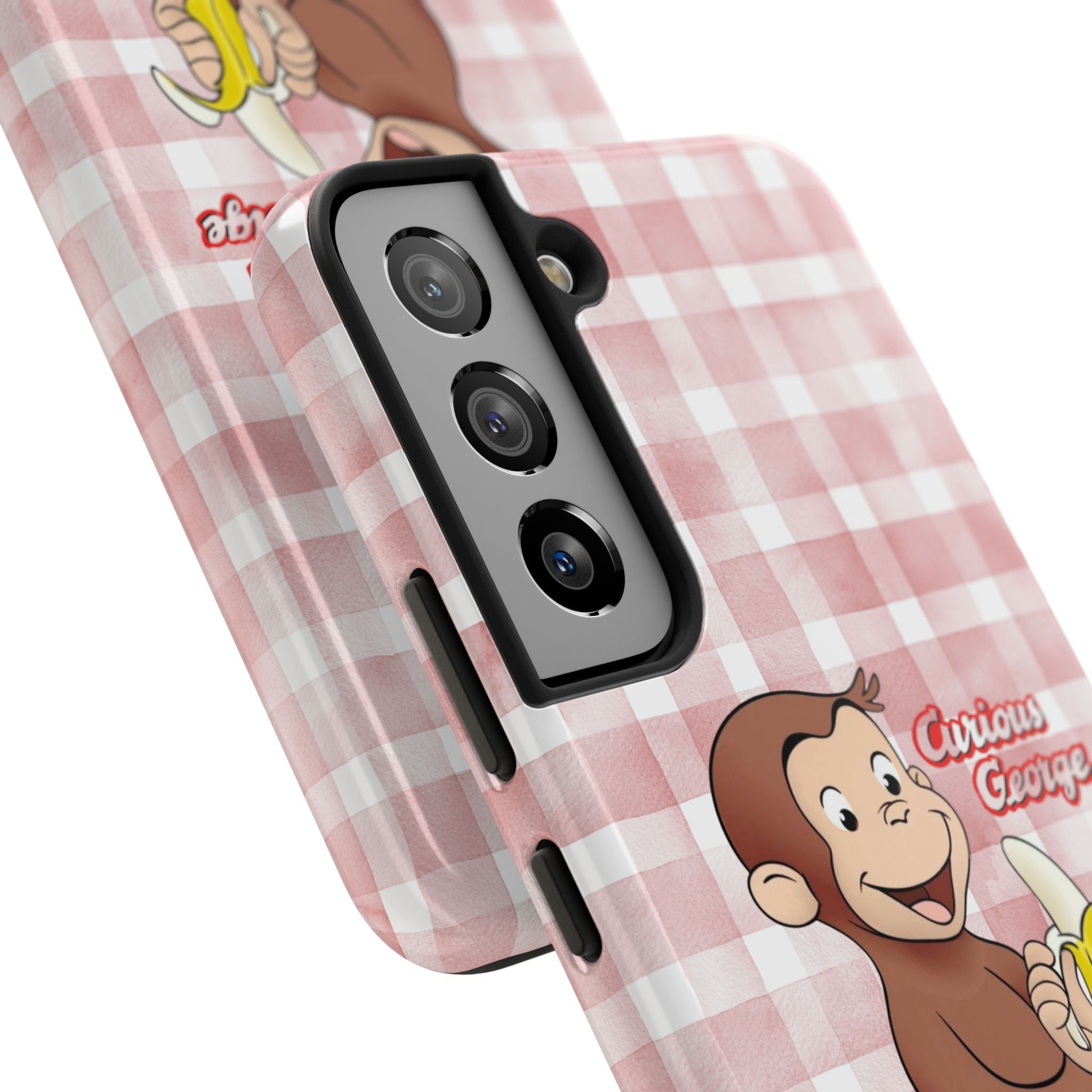 Curious George Banana Tough Phone Case — Cute Kids iPhone Cover, Pink Gingham Protective Case - Creations by Chris and Carlos