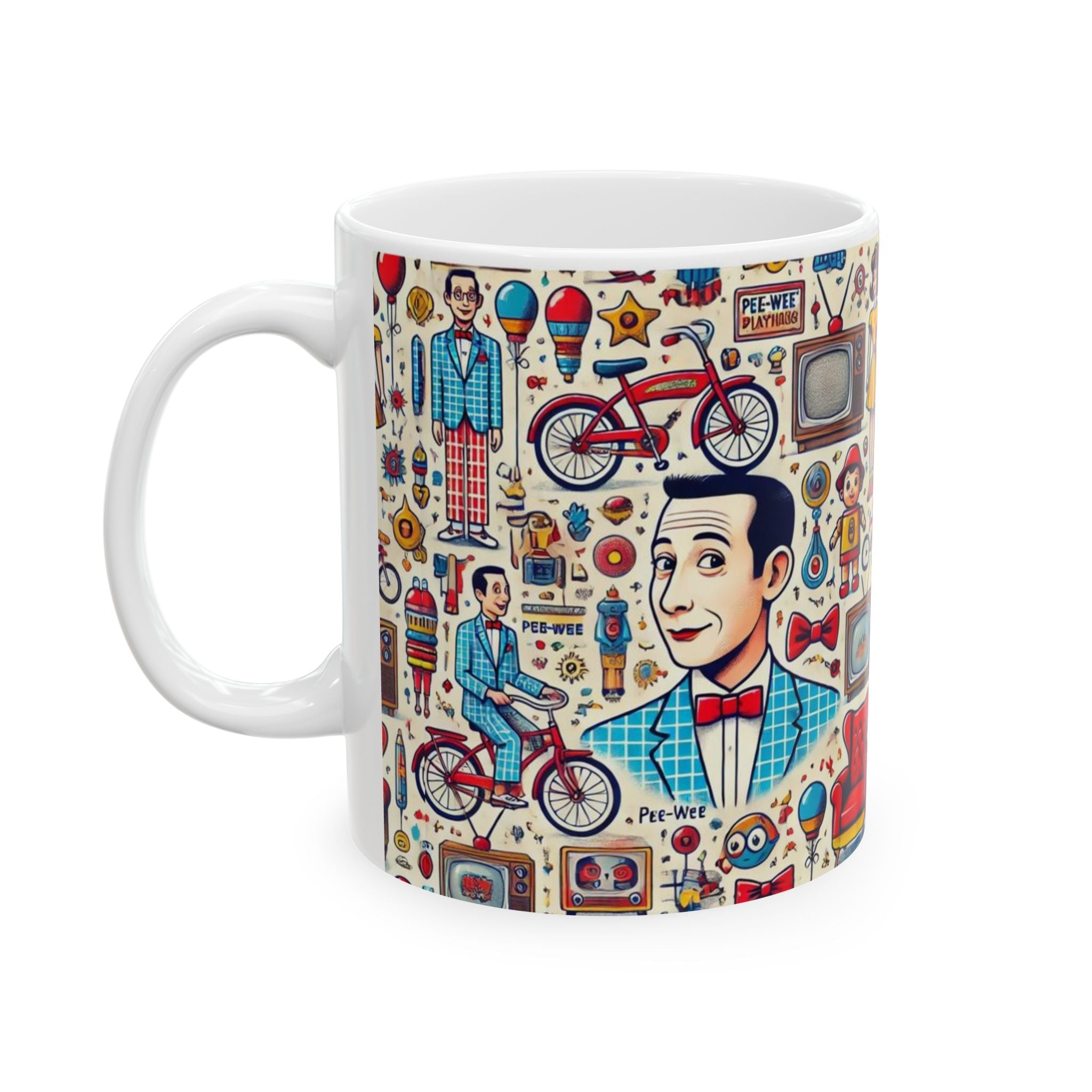 Retro Pattern Ceramic Mug — Pee Wee Herman Vintage TV, Bicycle & 1950s Family Illustration (11oz/15oz) - Creations by Chris and Carlos