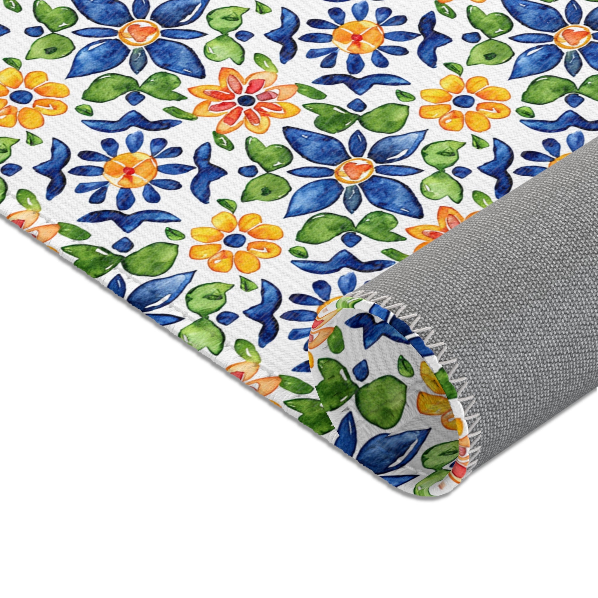 Sol y Alegría (Sun and Joy) Collection- Mediterranean Floral Area Rug — Colorful Blue & Yellow Tile Pattern - Creations by Chris and Carlos