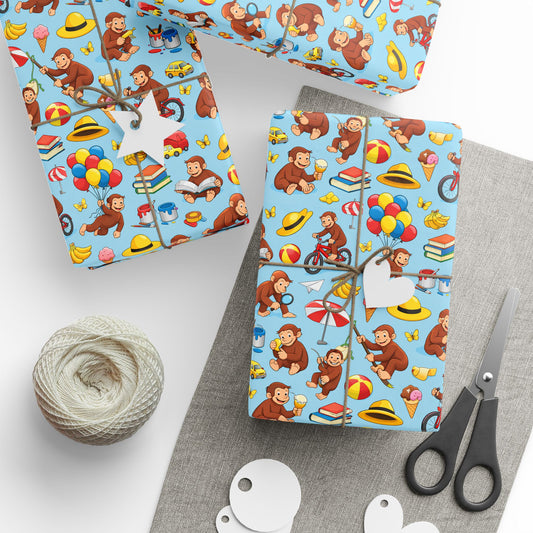 Wrapping Paper Roll — Playful Curious George Monkey Pattern Gift Wrap (Blue) - Creations by Chris and Carlos