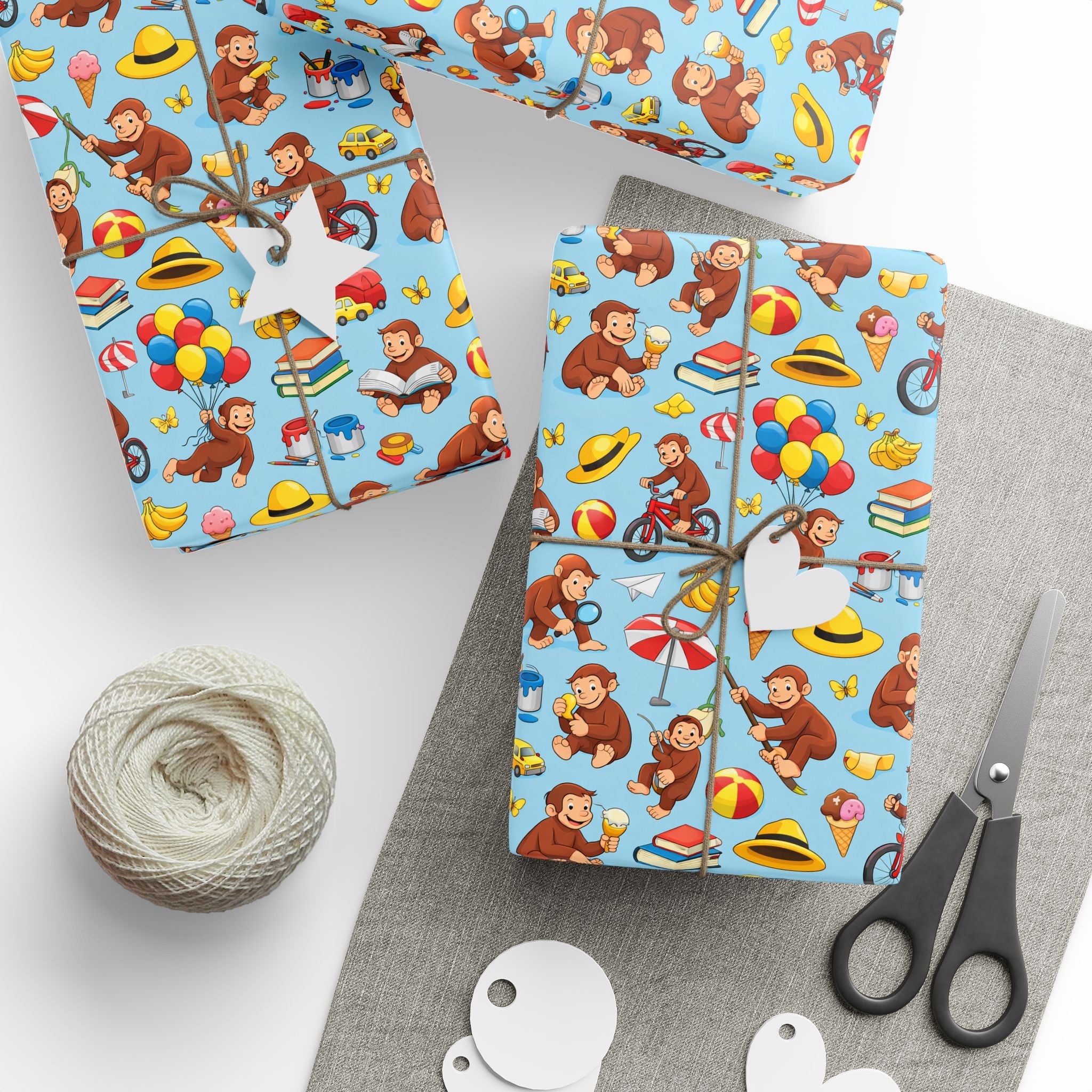 Wrapping Paper Roll — Playful Curious George Monkey Pattern Gift Wrap (Blue) - Creations by Chris and Carlos