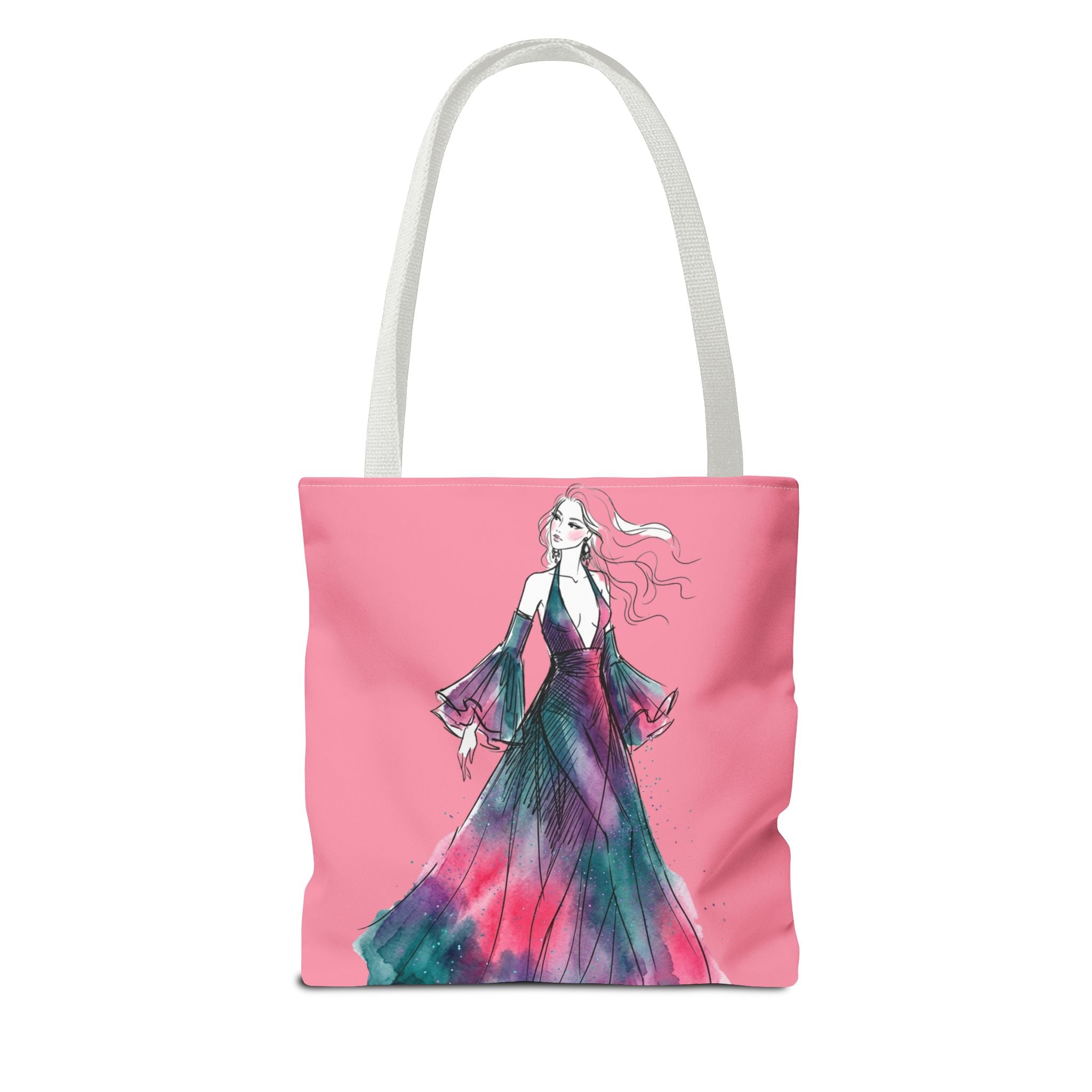 Pink Watercolor Fashion Tote Bag — Elegant Woman in Flowing Dress AOP - Creations by Chris and Carlos