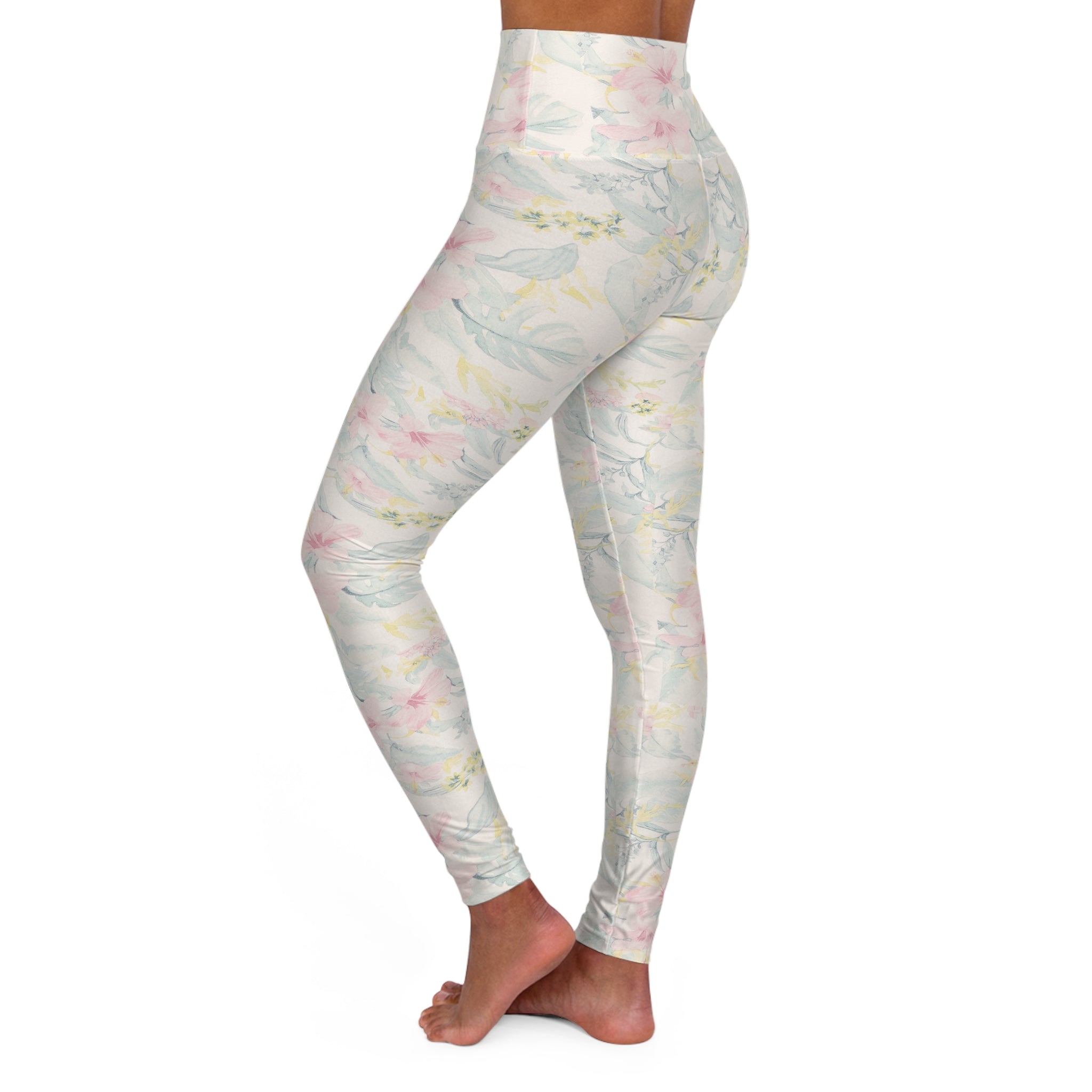 Floral High-Waist Yoga Leggings — Pastel Watercolor Garden Print - Creations by Chris and Carlos