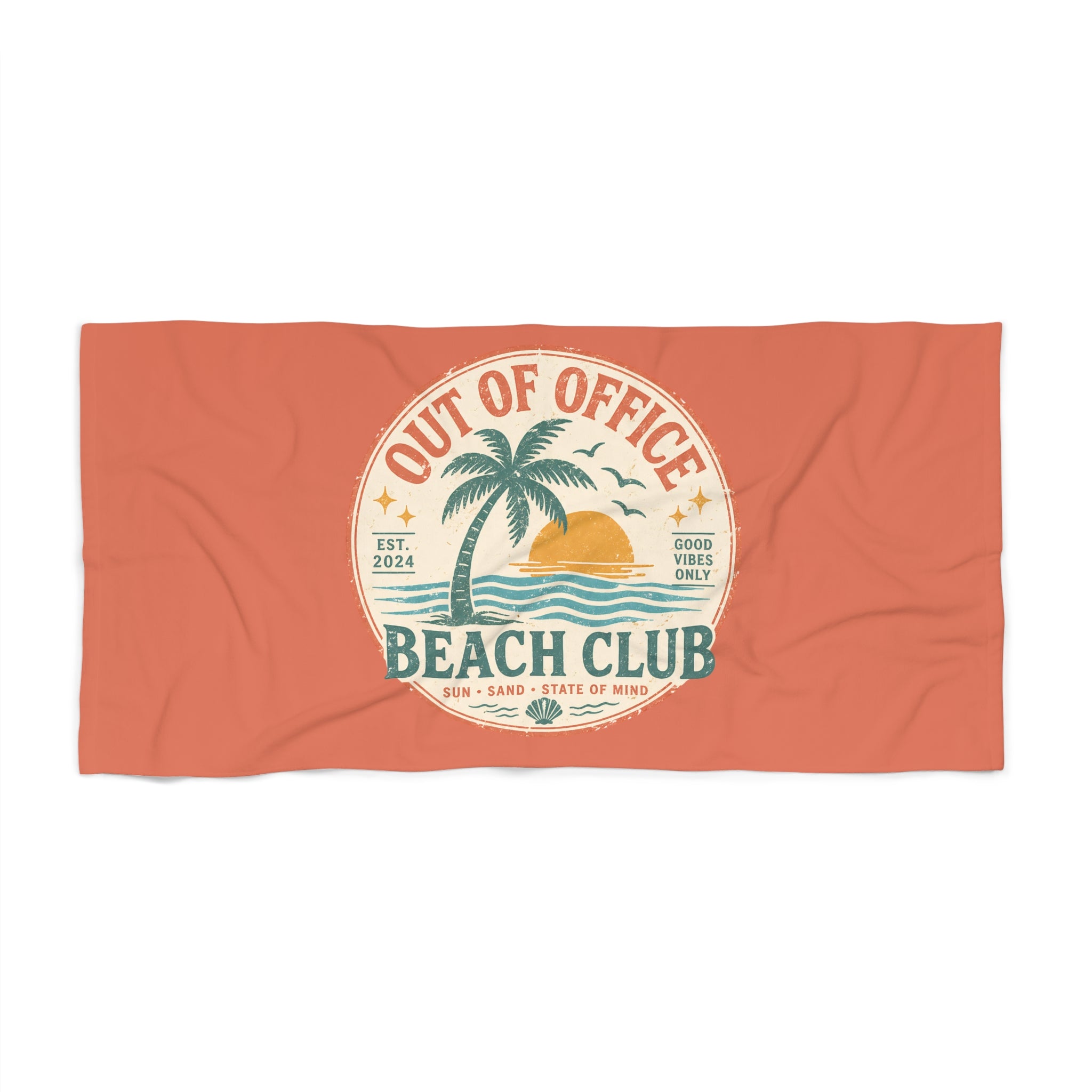 Out of Office Beach Club Beach Towel — Retro Palm Sunset Design - Creations by Chris and Carlos