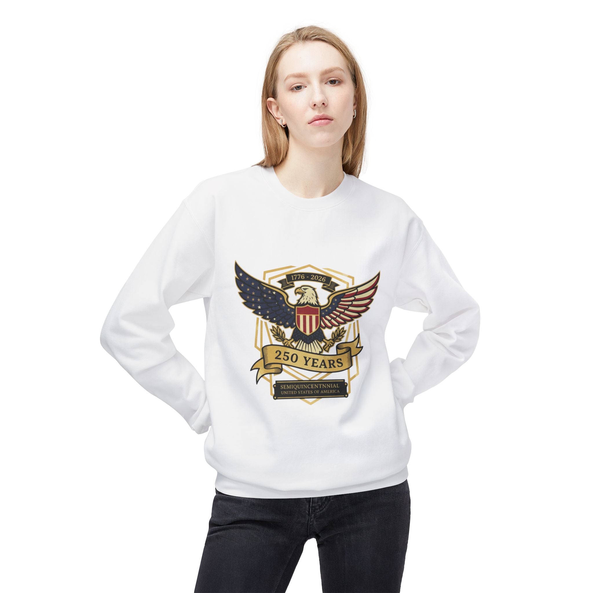 Sweatshirt — 250 Years Patriotic Eagle Crest Crewneck (American Flag Shield) - Creations by Chris and Carlos