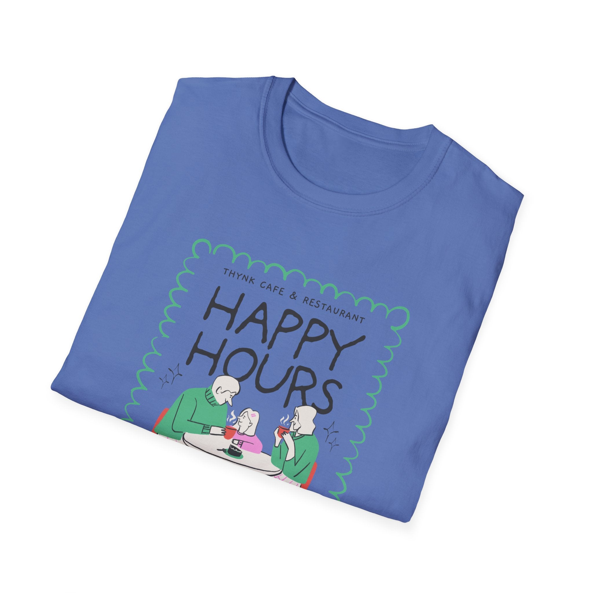 Happy Hours T-Shirt — Illustration of Friends Drinking at Cafe - Creations by Chris and Carlos