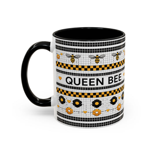 Queen Bee Coffee Mug — Black & Yellow Floral Accent Mug (11/15oz) - Creations by Chris and Carlos